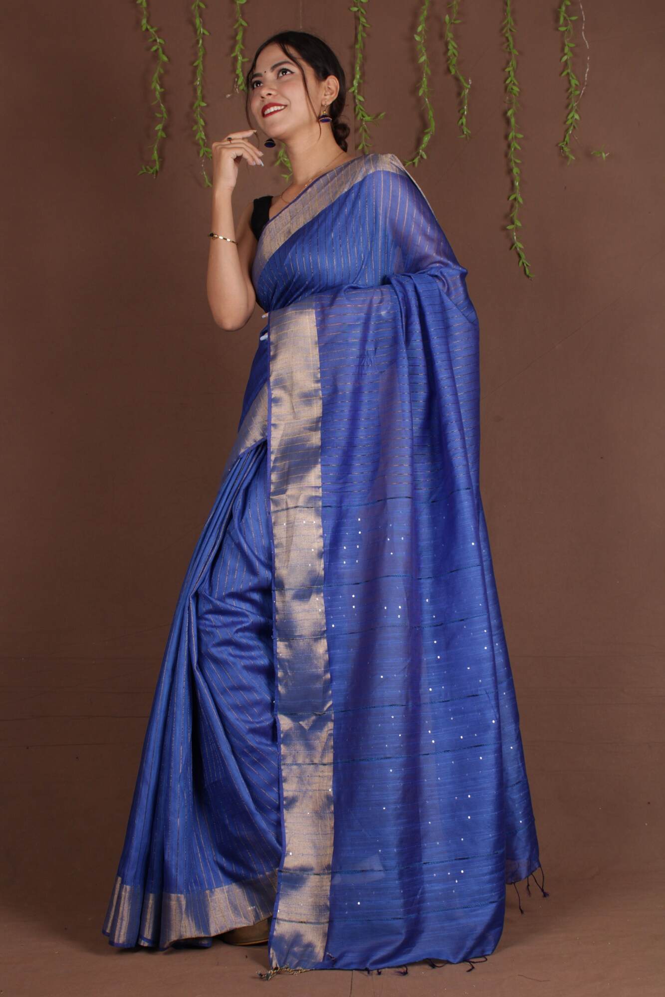 Blue bhagalpuri cotton silk with sequins all over pallu Wrap in 1 minute saree - Isadora Life Online Shopping Store