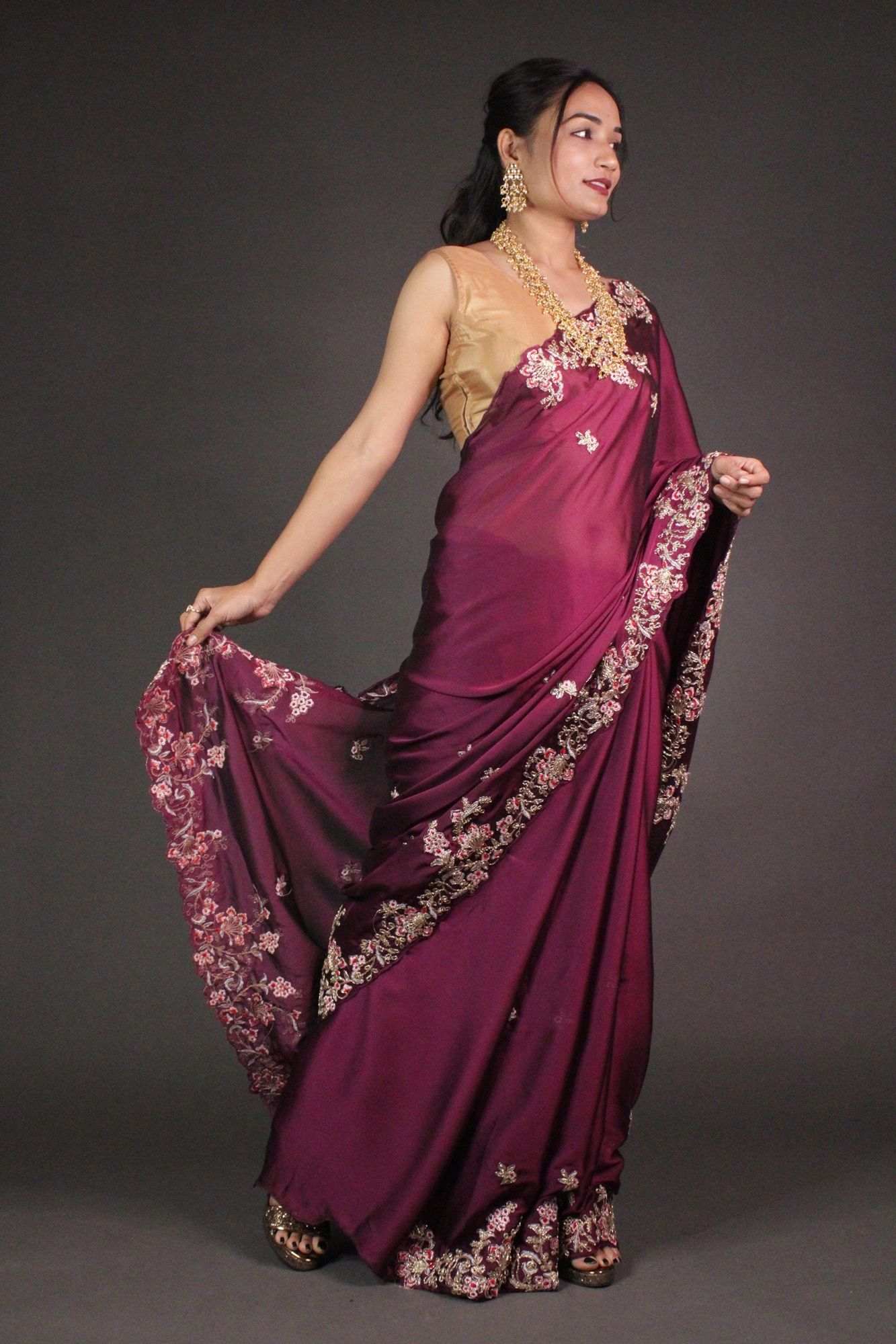 Wine Purple Organza Crepe with Zardosi Needle Weaving Wrap in 1 minute with embroidered zardoisi blouse piece - Isadora Life Online Shopping Store