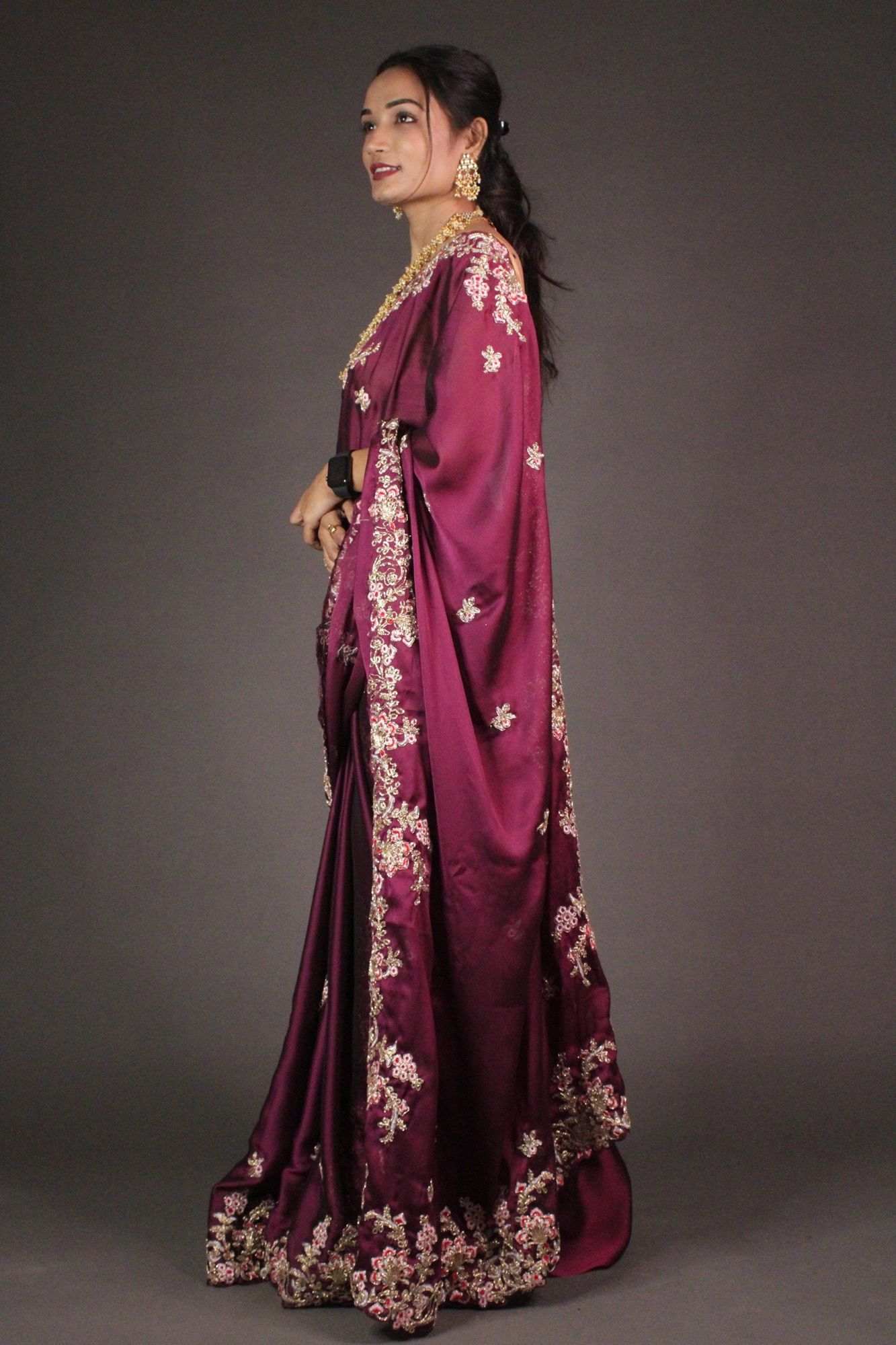 Wine Purple Organza Crepe with Zardosi Needle Weaving Wrap in 1 minute with embroidered zardoisi blouse piece - Isadora Life Online Shopping Store