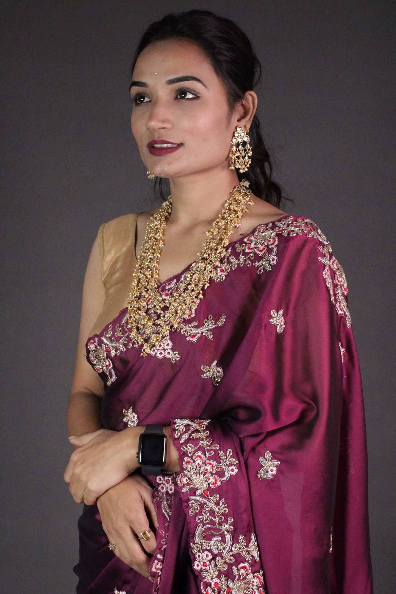 Wine Purple Organza Crepe with Zardosi Needle Weaving Wrap in 1 minute with embroidered zardoisi blouse piece - Isadora Life Online Shopping Store