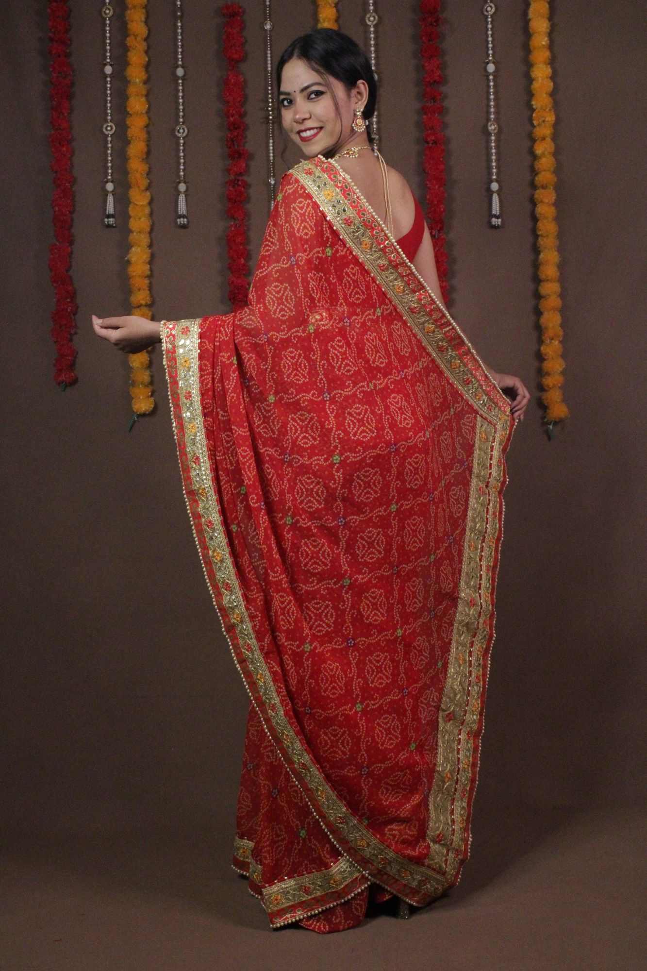 Red Bandhani Gotta Patti Bandhani Wrap in 1 minute saree - Isadora Life Online Shopping Store