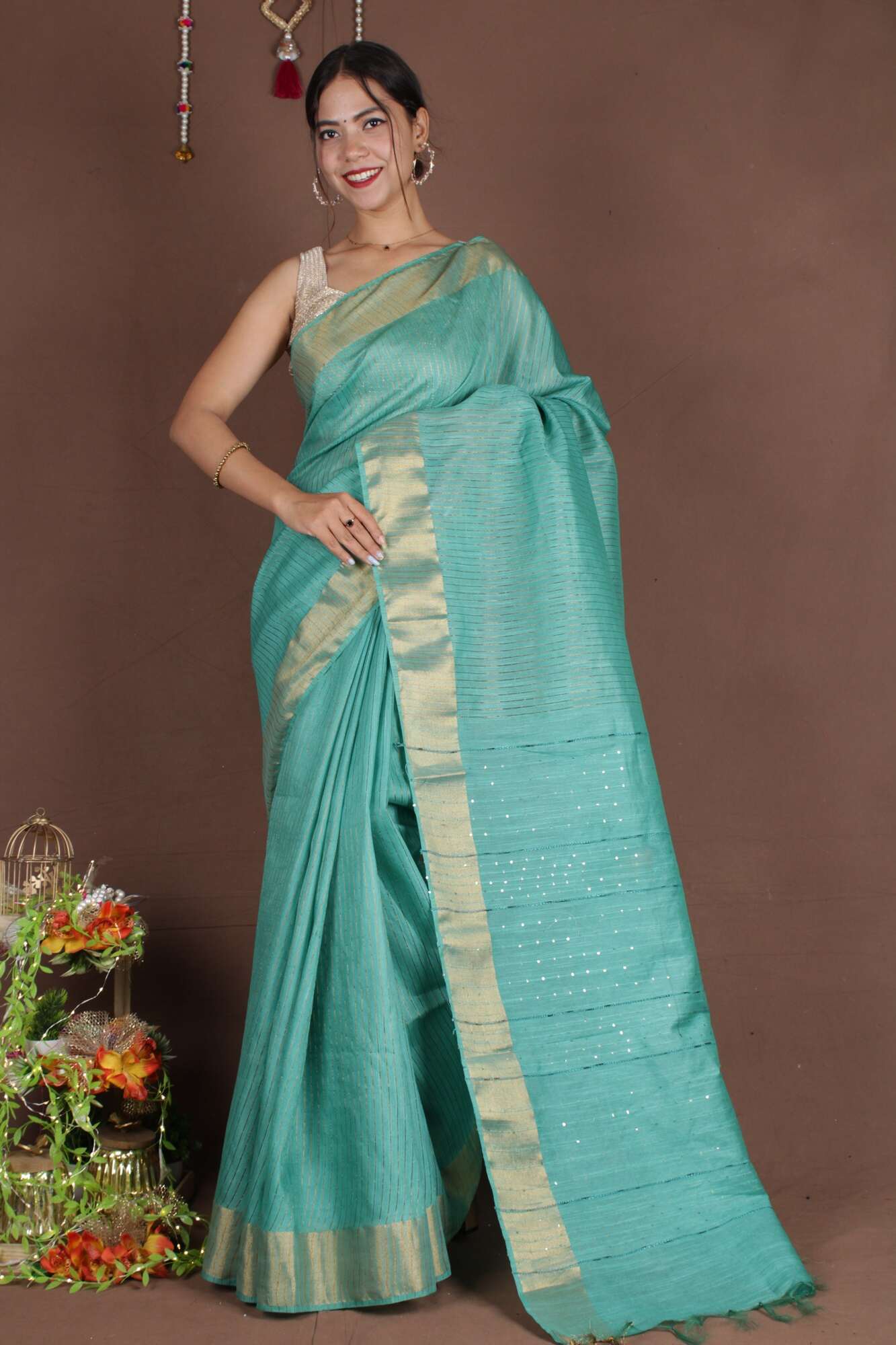 Olive green bhagalpuri cotton silk with sequinned pallu Wrap in 1 minute Saree - Isadora Life Online Shopping Store