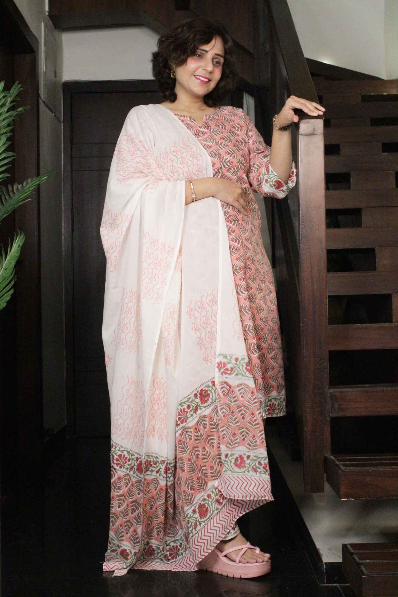 White-Peach Printed Cotton Ready to wear Salwar-Kameez with Dupatta - Isadora Life Online Shopping Store