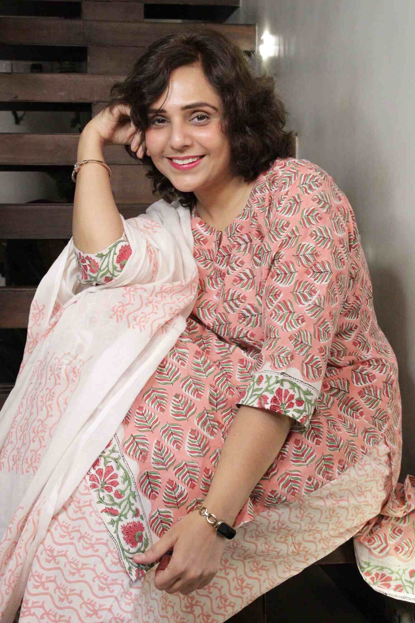 White-Peach Printed Cotton Ready to wear Salwar-Kameez with Dupatta - Isadora Life Online Shopping Store