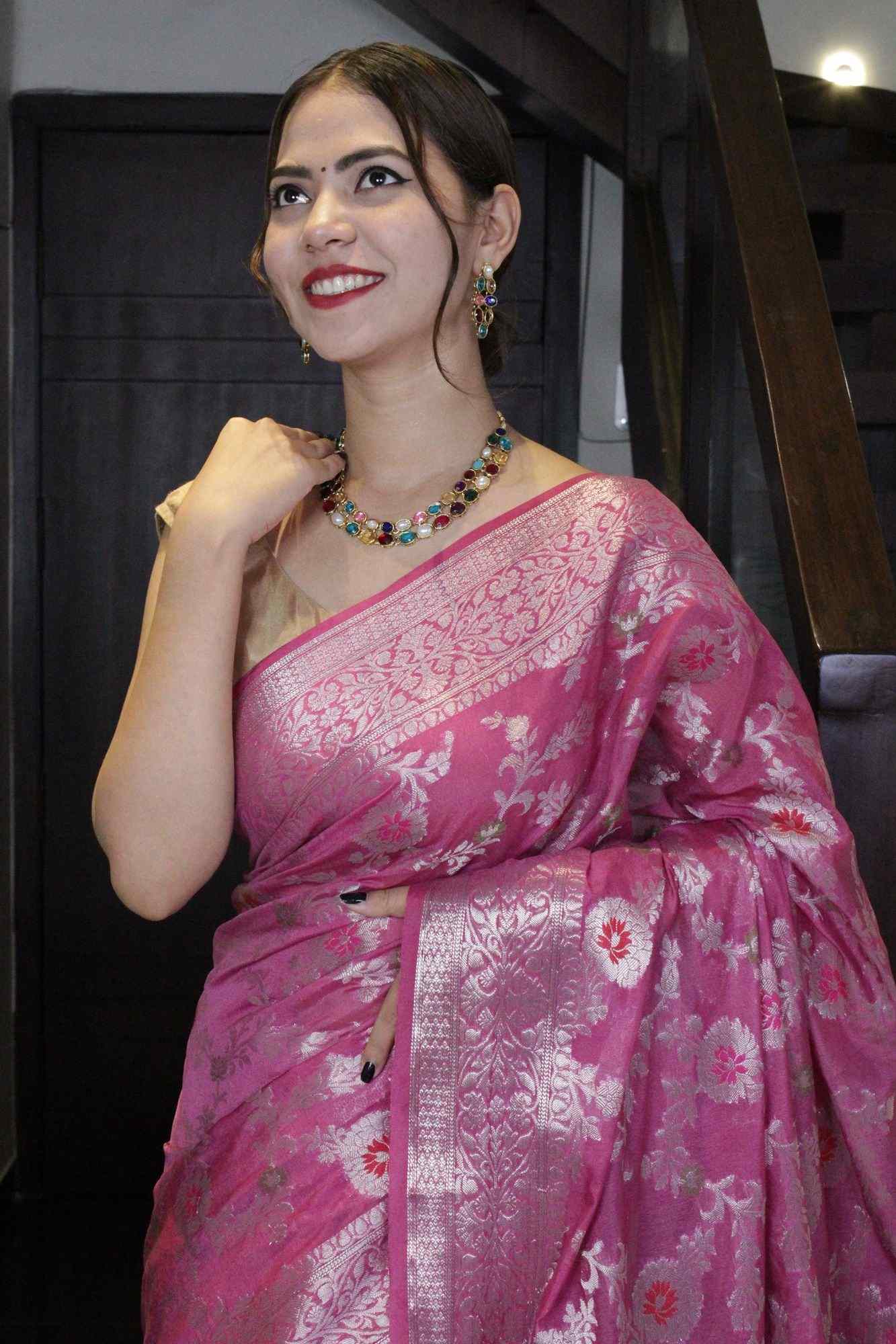 Sweet and Elegant Lavender Colored Georgette Silk with Zari Woven Wrap in 1 minute saree - Isadora Life Online Shopping Store