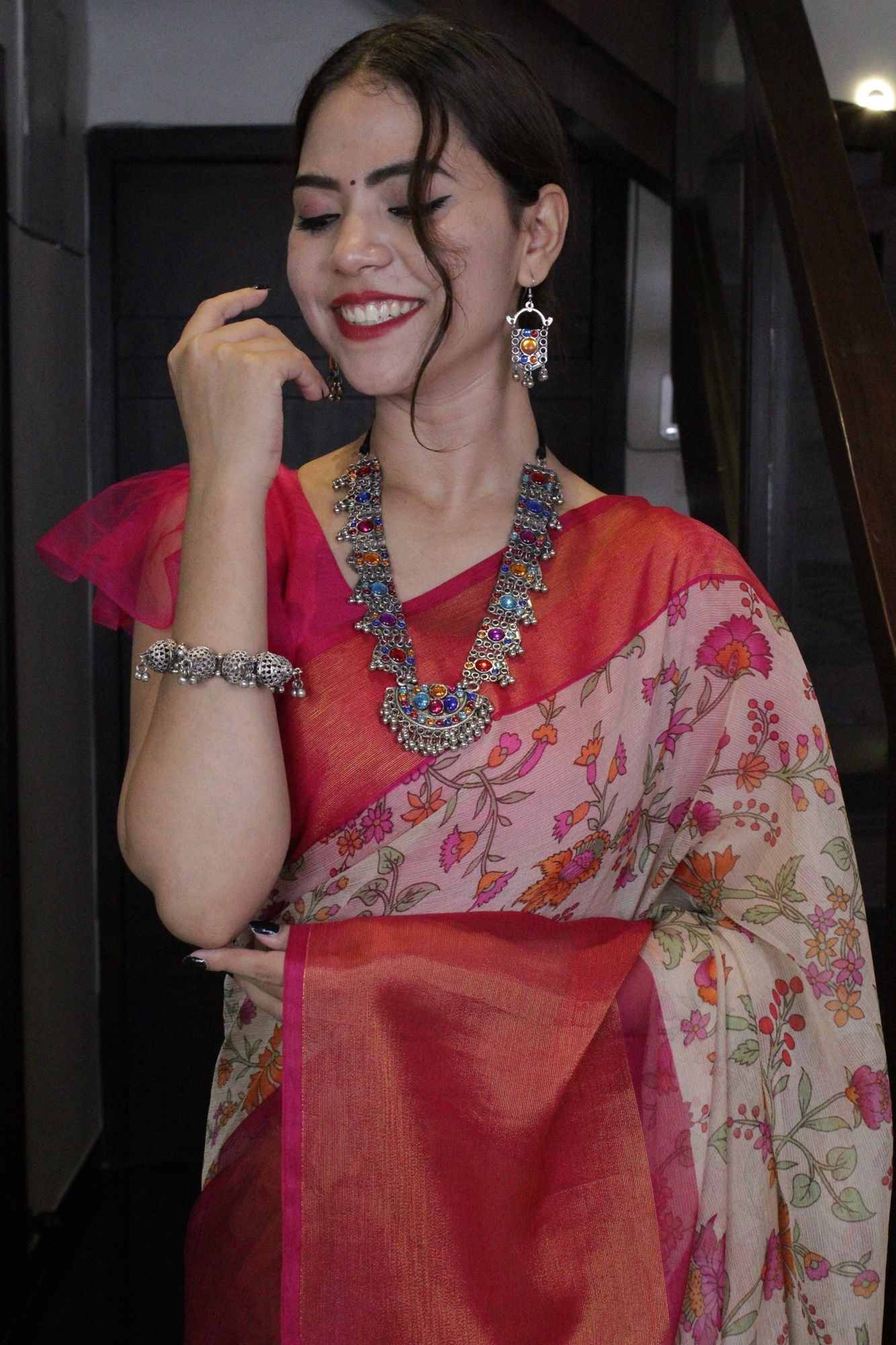 Moss Chiffon Floral Printed with Broad Woven Zari Border Wrap in 1 minute saree - Isadora Life Online Shopping Store