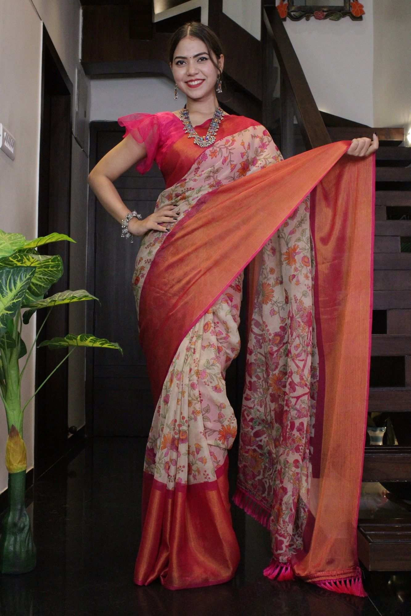 Moss Chiffon Floral Printed with Broad Woven Zari Border Wrap in 1 minute saree - Isadora Life Online Shopping Store