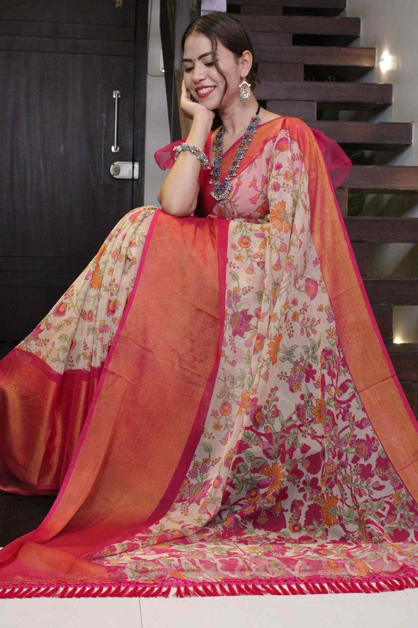 Moss Chiffon Floral Printed with Broad Woven Zari Border Wrap in 1 minute saree - Isadora Life Online Shopping Store