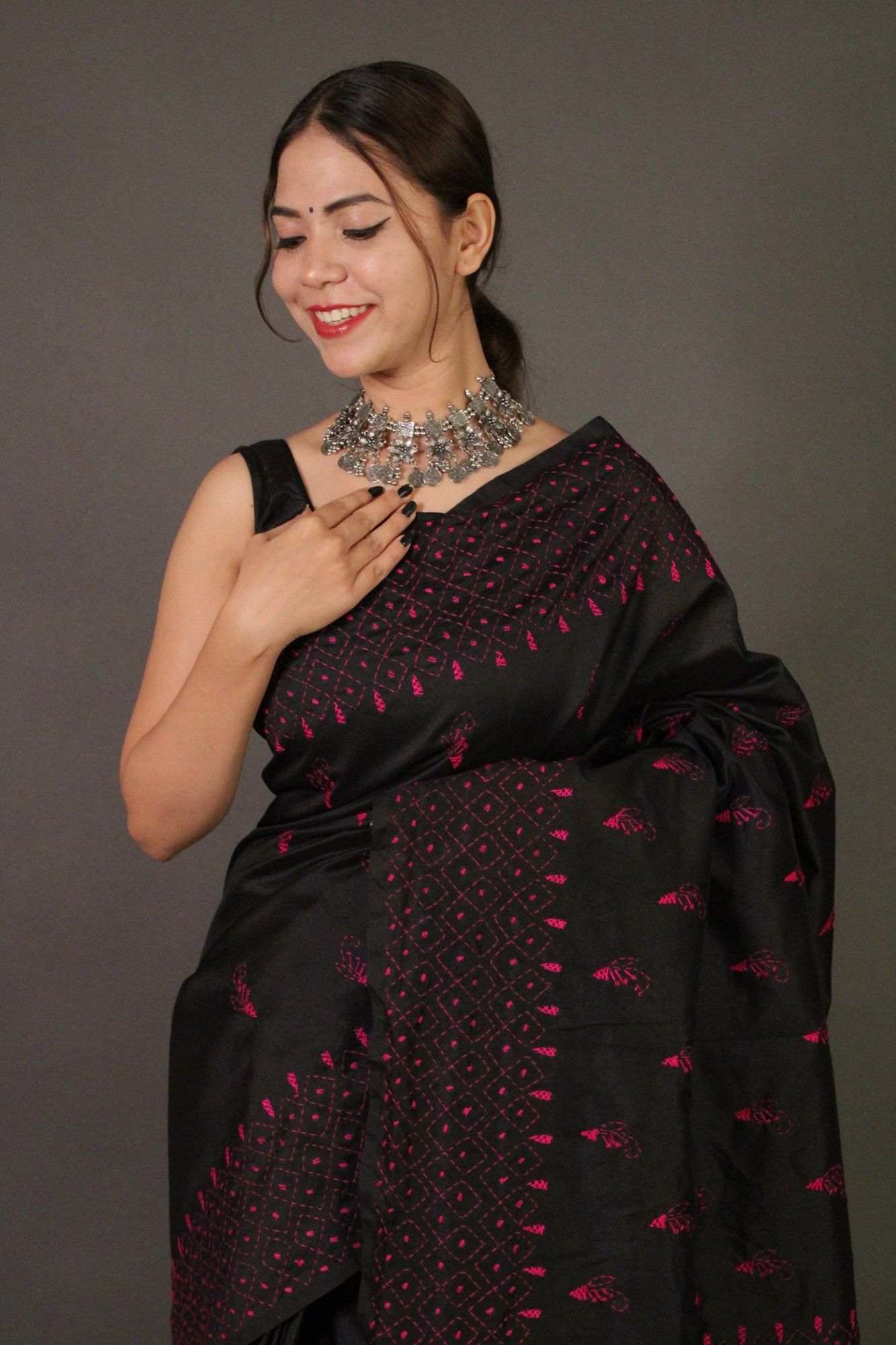Black Kantha Stitched Embroidered all over Wrap in 1 minute saree - Isadora Life Online Shopping Store
