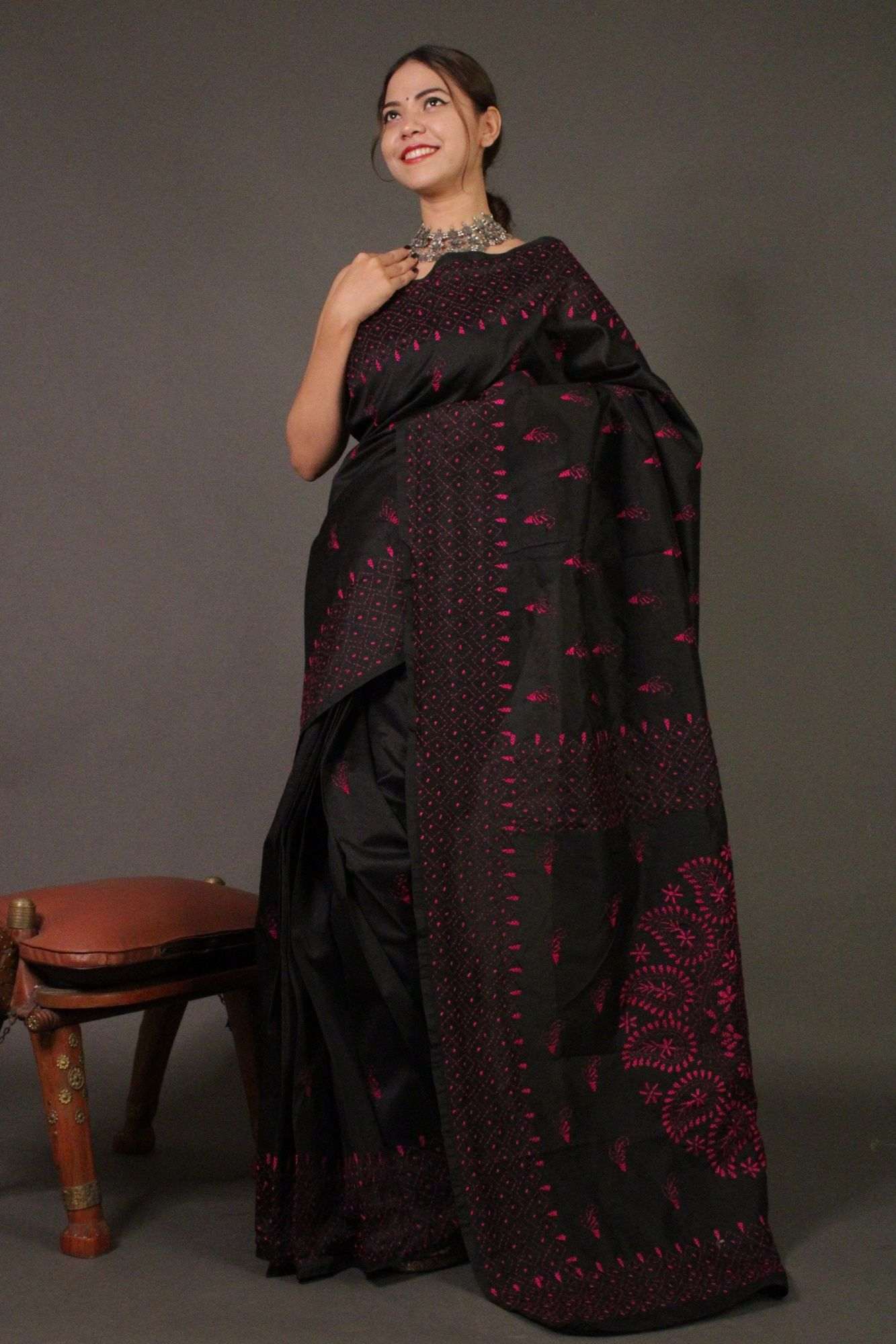 Black Kantha Stitched Embroidered all over Wrap in 1 minute saree - Isadora Life Online Shopping Store