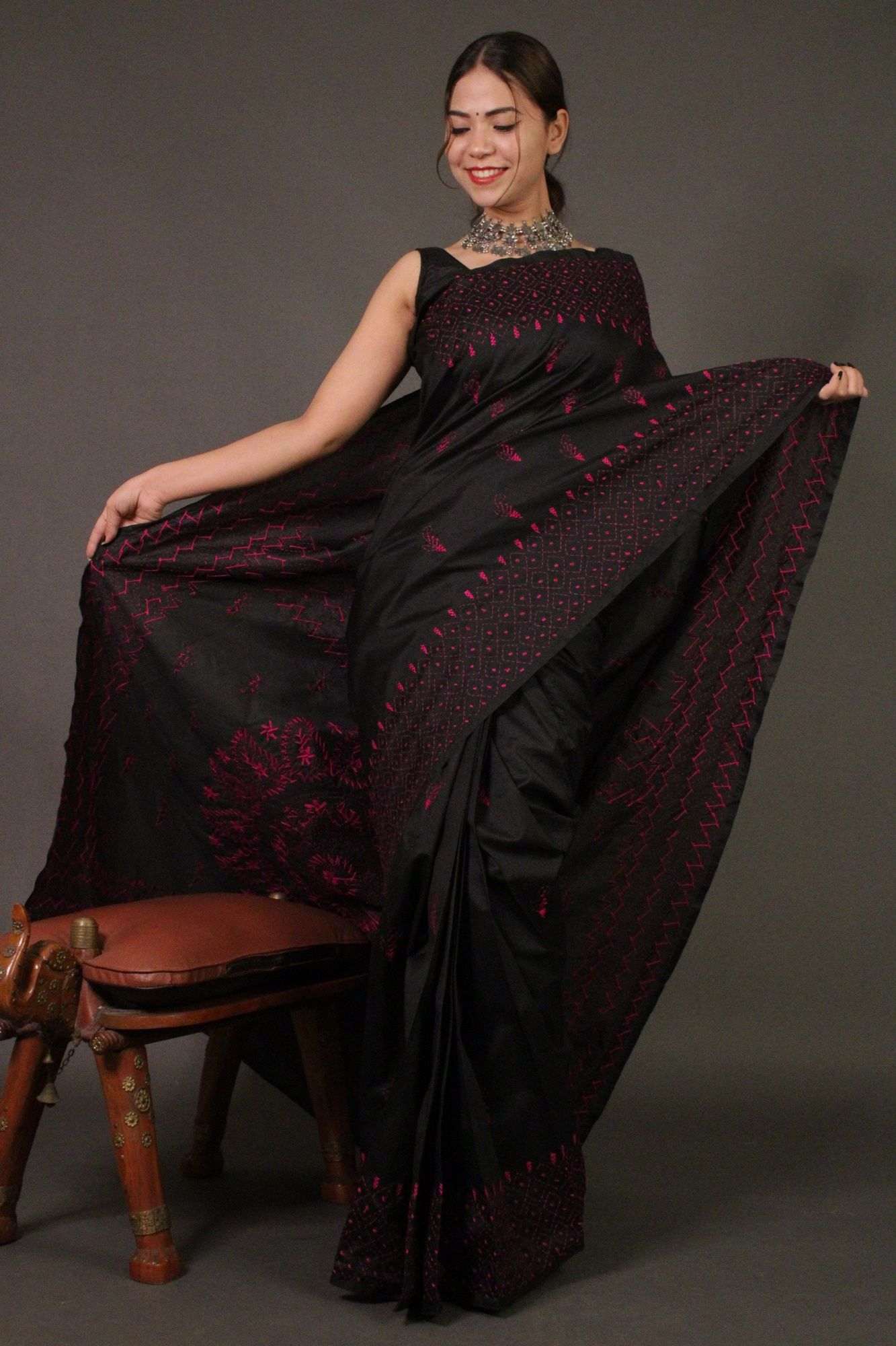 Black Kantha Stitched Embroidered all over Wrap in 1 minute saree - Isadora Life Online Shopping Store