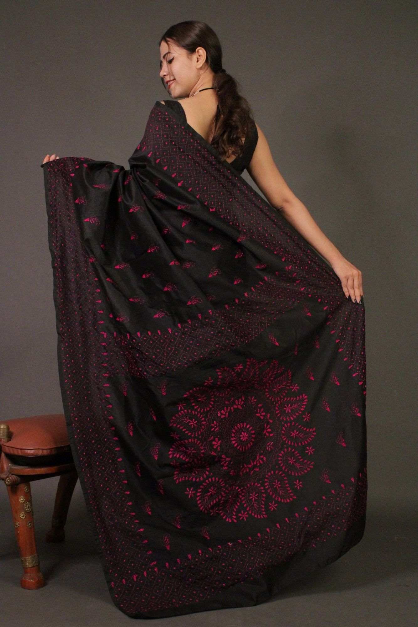 Black Kantha Stitched Embroidered all over Wrap in 1 minute saree - Isadora Life Online Shopping Store