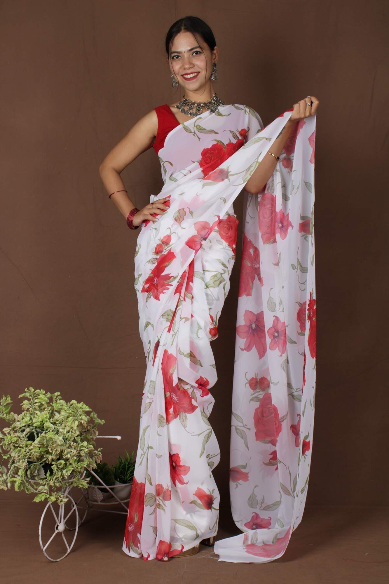 Wrap in 1 Minute White With Red Floral Georgette ready to wear saree with ready made blouse - Isadora Life Online Shopping Store