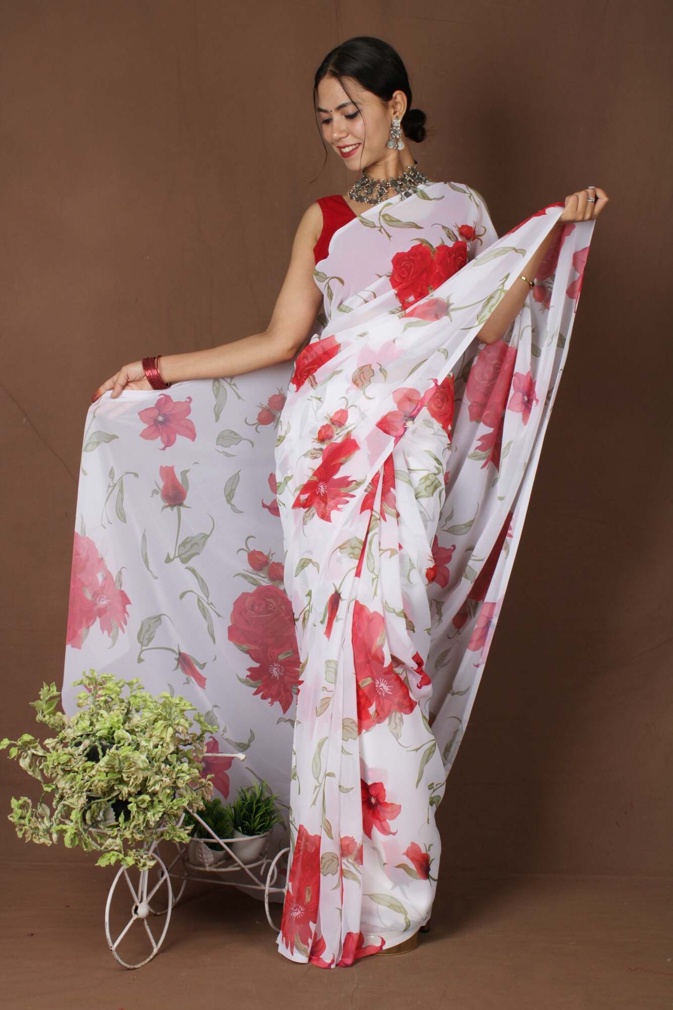 Wrap in 1 Minute White With Red Floral Georgette ready to wear saree with ready made blouse - Isadora Life Online Shopping Store