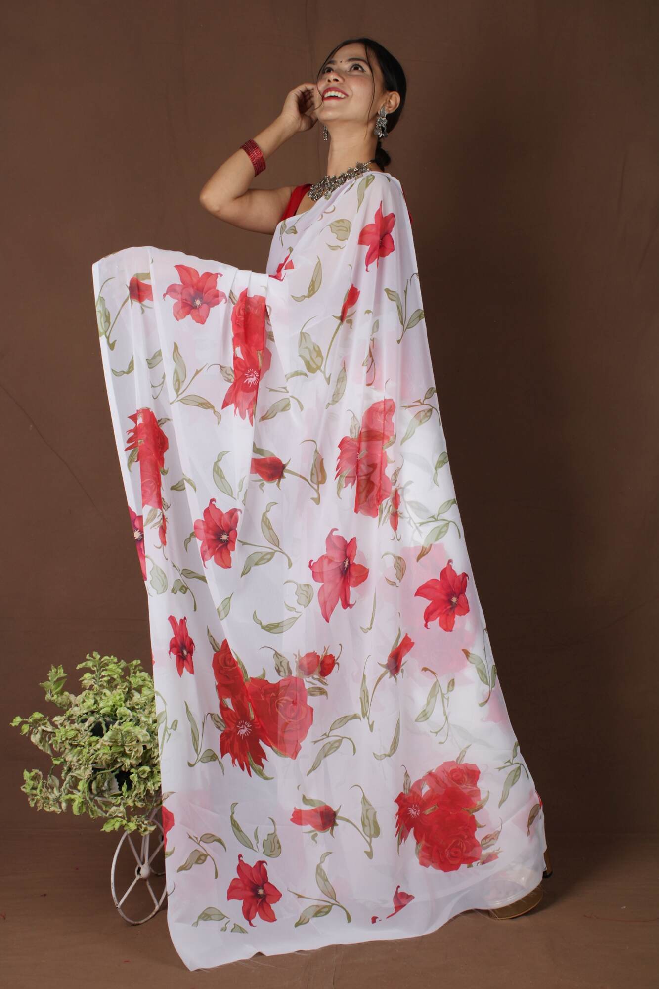 Wrap in 1 Minute White With Red Floral Georgette ready to wear saree with ready made blouse - Isadora Life Online Shopping Store