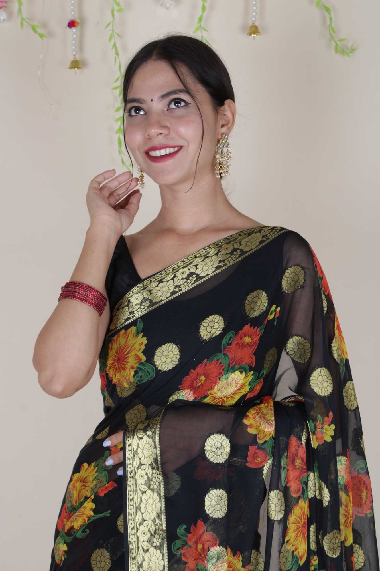 Beautiful Black Floral painted chiffon with Boota all over one minute ready made saree and readymade blouse - Isadora Life Online Shopping Store