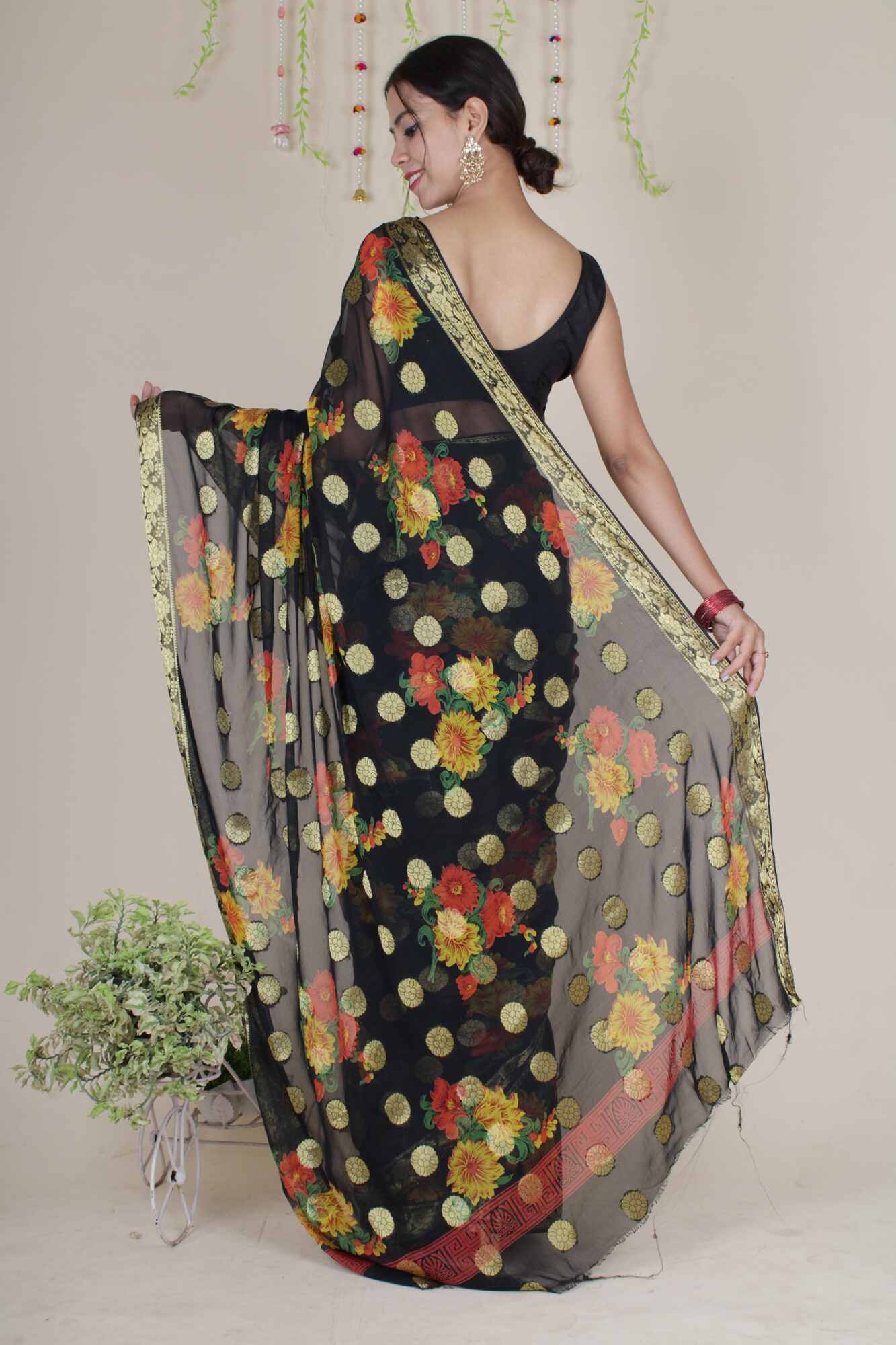 Beautiful Black Floral painted chiffon with Boota all over one minute ready made saree and readymade blouse - Isadora Life Online Shopping Store