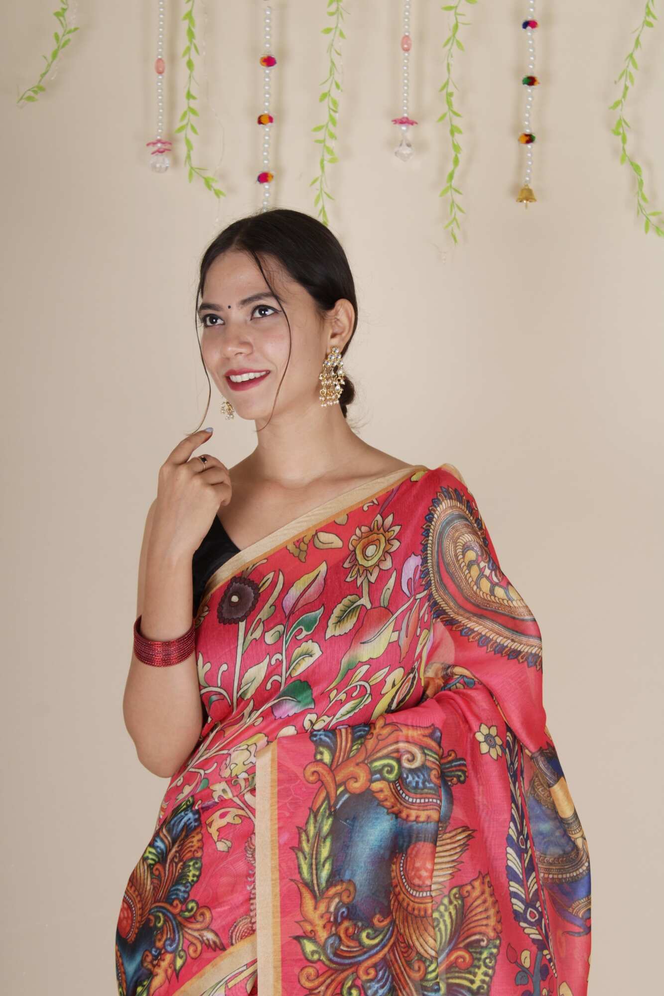 Ready To Wear Elegant Red Kalamkari Printed Cotton Linen Wrap in 1 minute saree With Readymade Blouse - Isadora Life Online Shopping Store