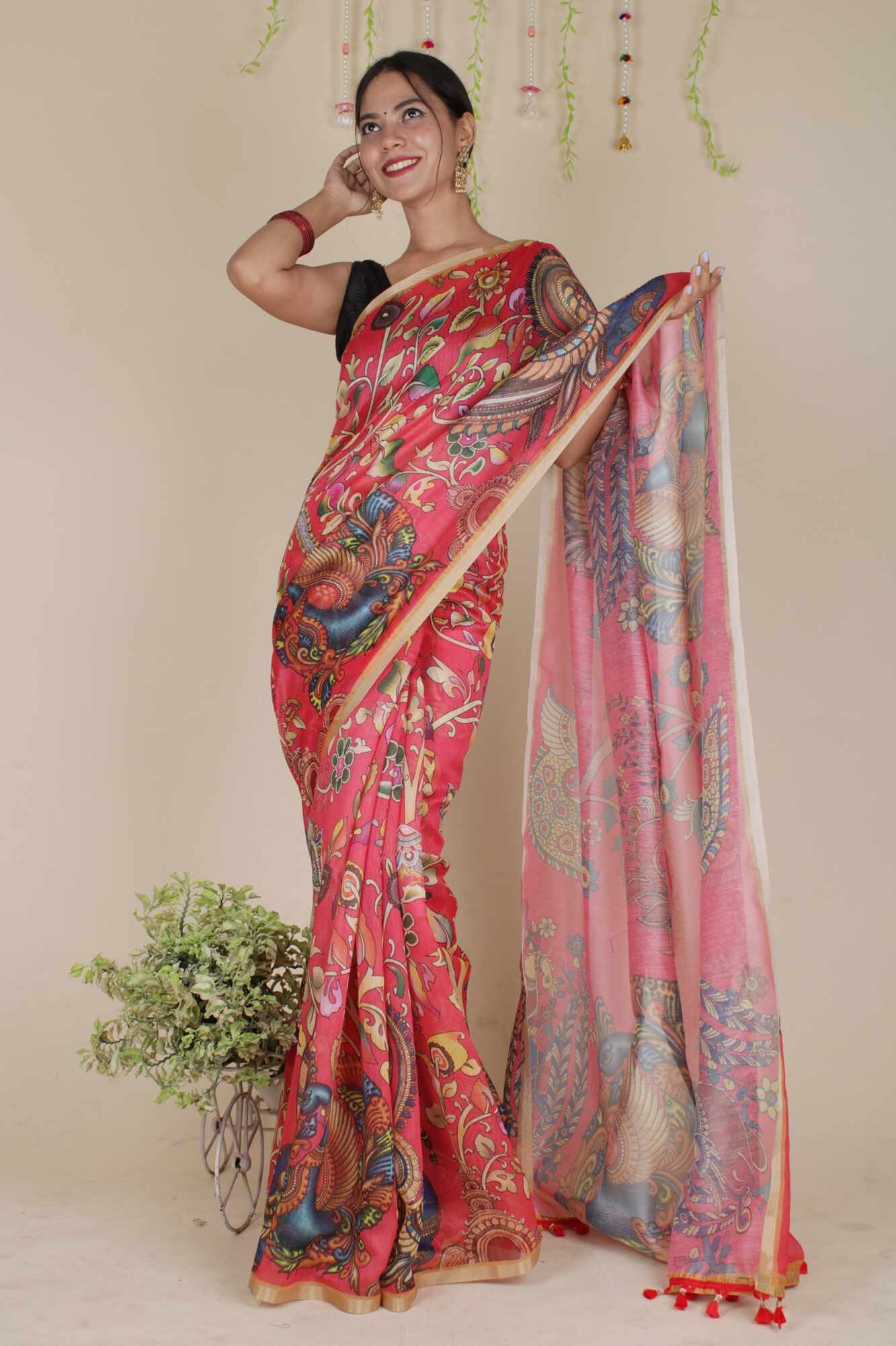 Ready To Wear Elegant Red Kalamkari Printed Cotton Linen Wrap in 1 minute saree With Readymade Blouse - Isadora Life Online Shopping Store