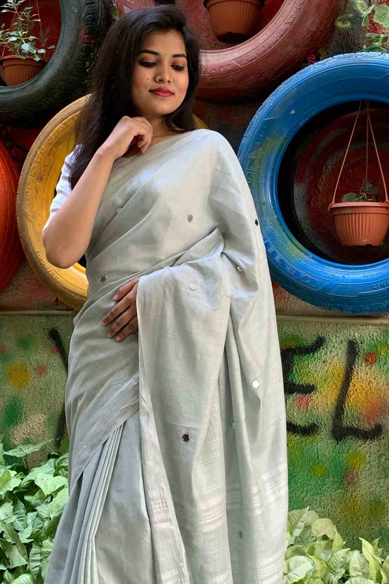 Silver bhagalpuri linen silk with sequin all over wrap in 1 minute saree - Isadora Life Online Shopping Store