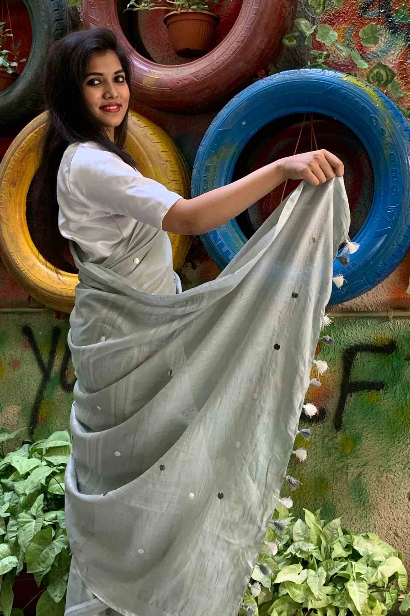 Silver bhagalpuri linen silk with sequin all over wrap in 1 minute saree - Isadora Life Online Shopping Store