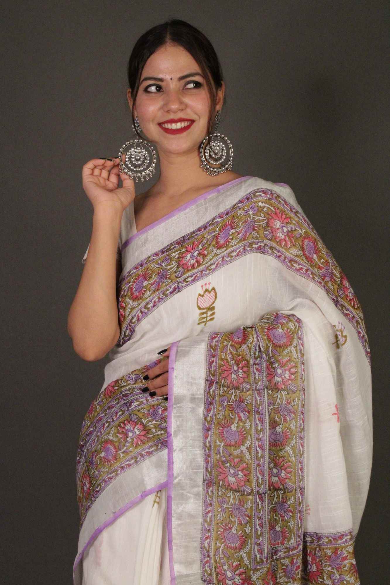 Cool and comfortable linen cotton vegetable dye printed with Silver Zari Border Wrap in 1 minute saree - Isadora Life Online Shopping Store