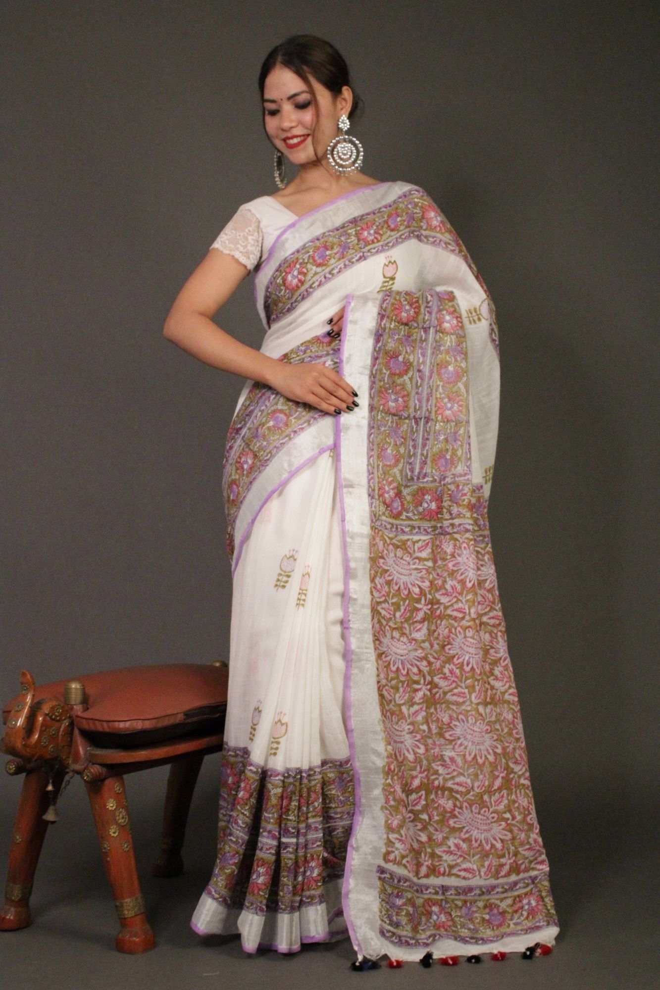 Cool and comfortable linen cotton vegetable dye printed with Silver Zari Border Wrap in 1 minute saree - Isadora Life Online Shopping Store