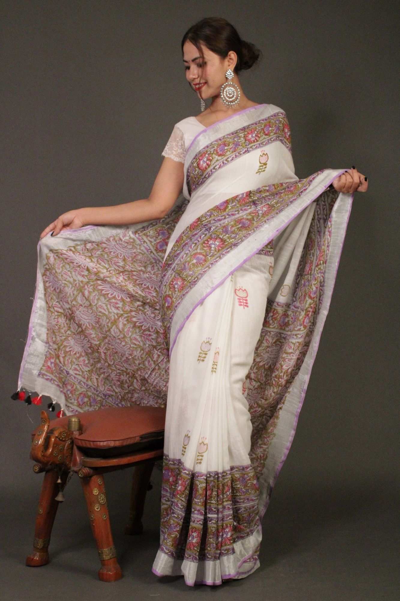 Cool and comfortable linen cotton vegetable dye printed with Silver Zari Border Wrap in 1 minute saree - Isadora Life Online Shopping Store