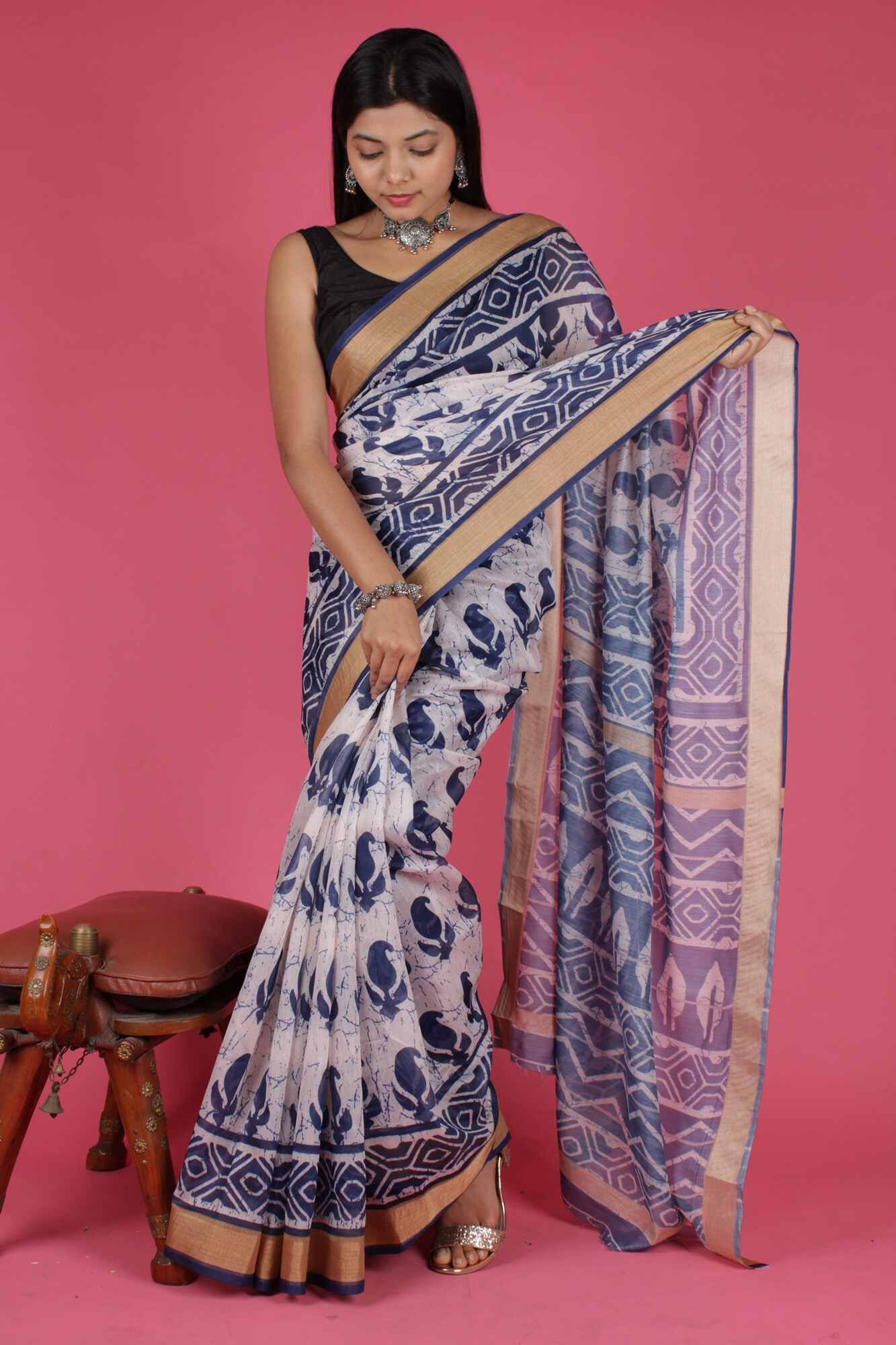 Indigo Chanderi Weaving Golden Border Digital Printed Wrap in 1 Minute Saree With Readymade Blouse - Isadora Life Online Shopping Store