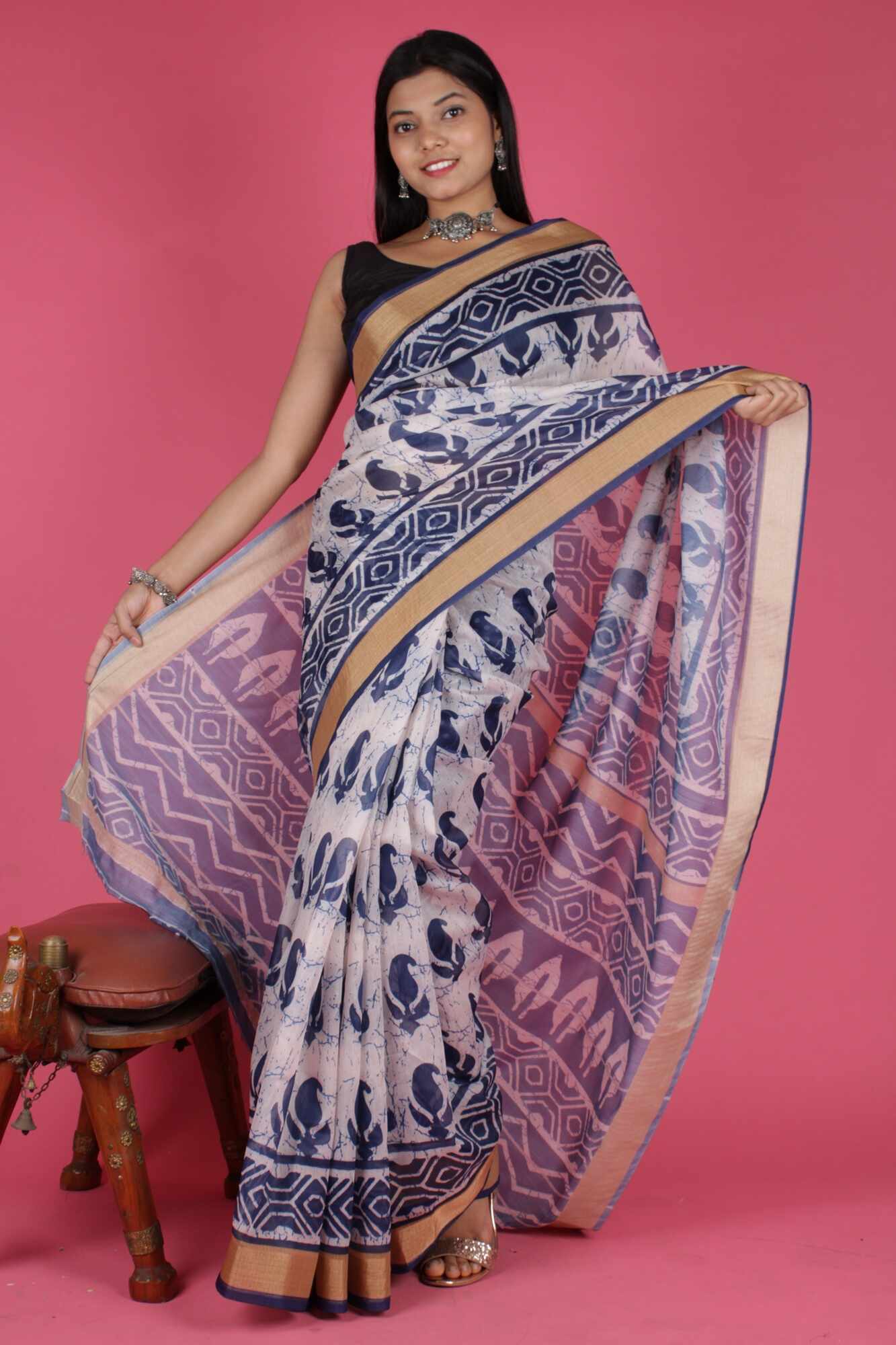 Indigo Chanderi Weaving Golden Border Digital Printed Wrap in 1 Minute Saree With Readymade Blouse - Isadora Life Online Shopping Store