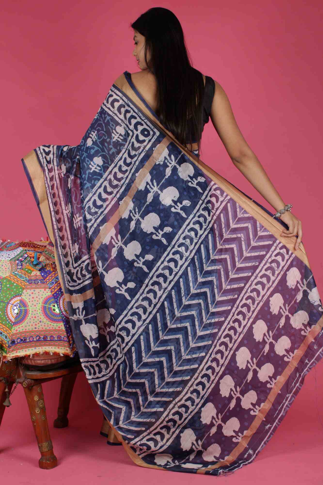 Indigo Chanderi soft cotton With Weaving Golden Border Digital Printed Wrap in 1 Minute Saree With Readymade Blouse - Isadora Life Online Shopping Store