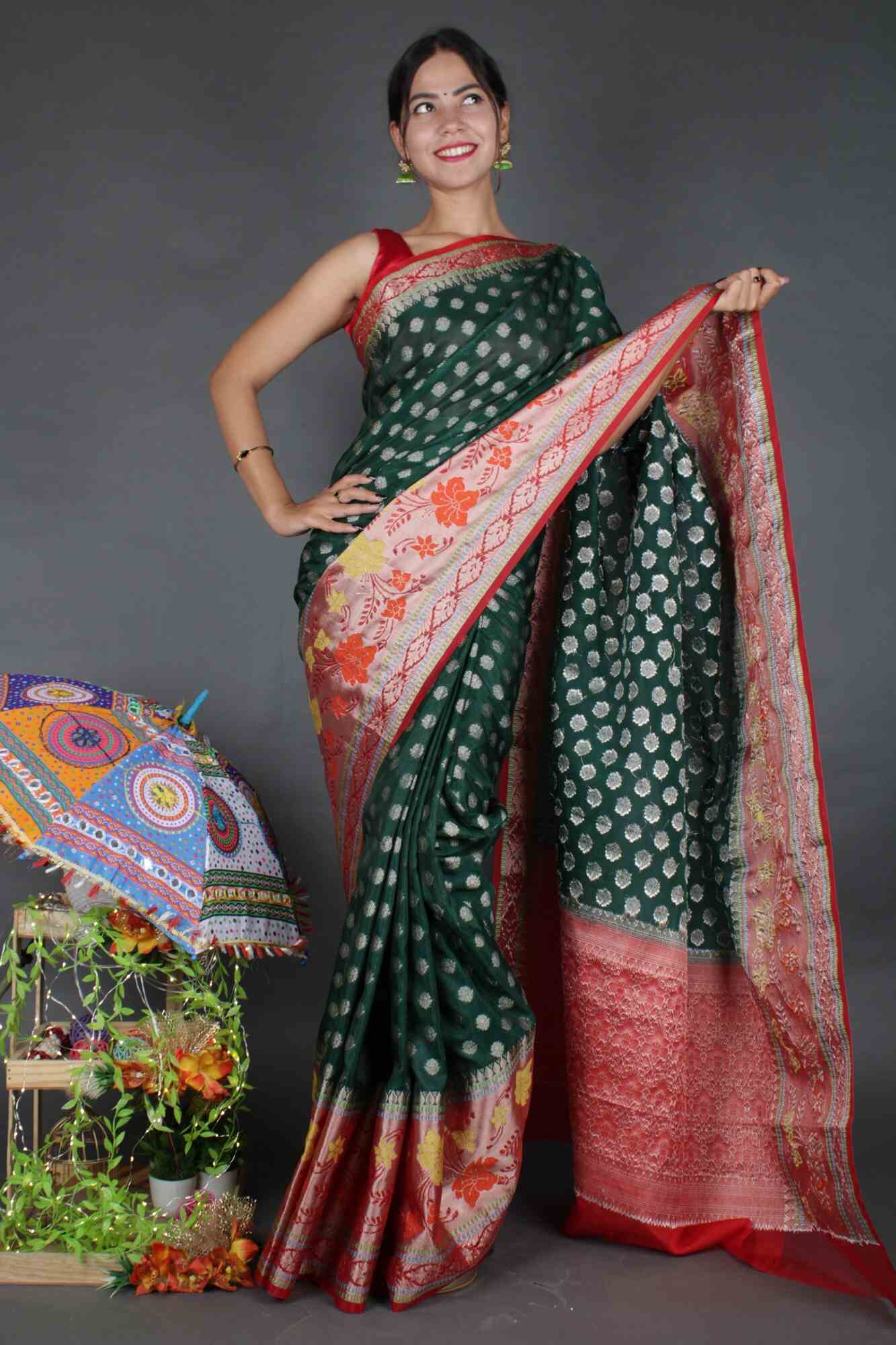 Exquisite Green & Red Zari Booti With Border Wrap in One Minute Saree With Readymade Blouse - Isadora Life Online Shopping Store