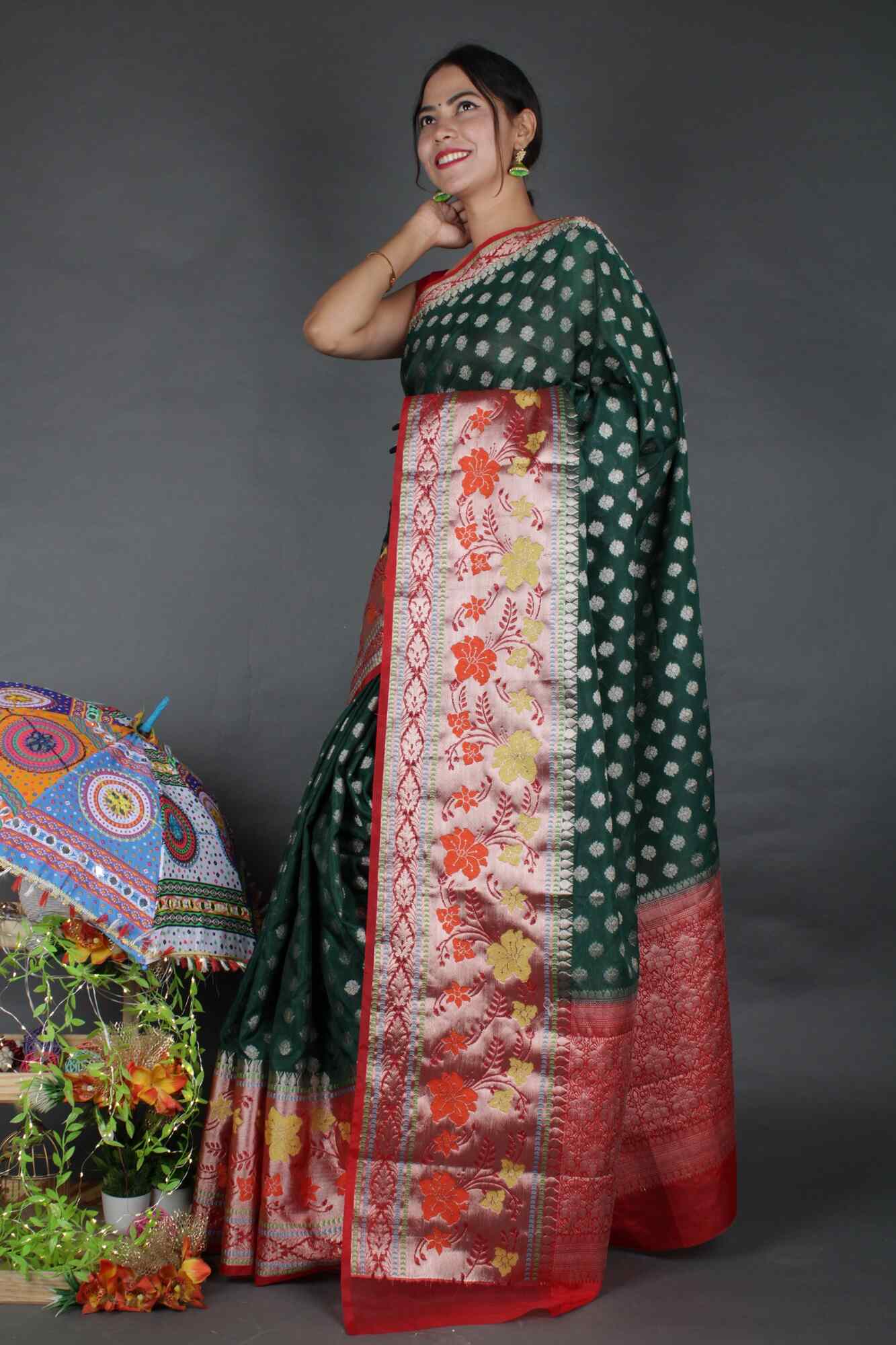 Exquisite Green & Red Zari Booti With Border Wrap in One Minute Saree With Readymade Blouse - Isadora Life Online Shopping Store