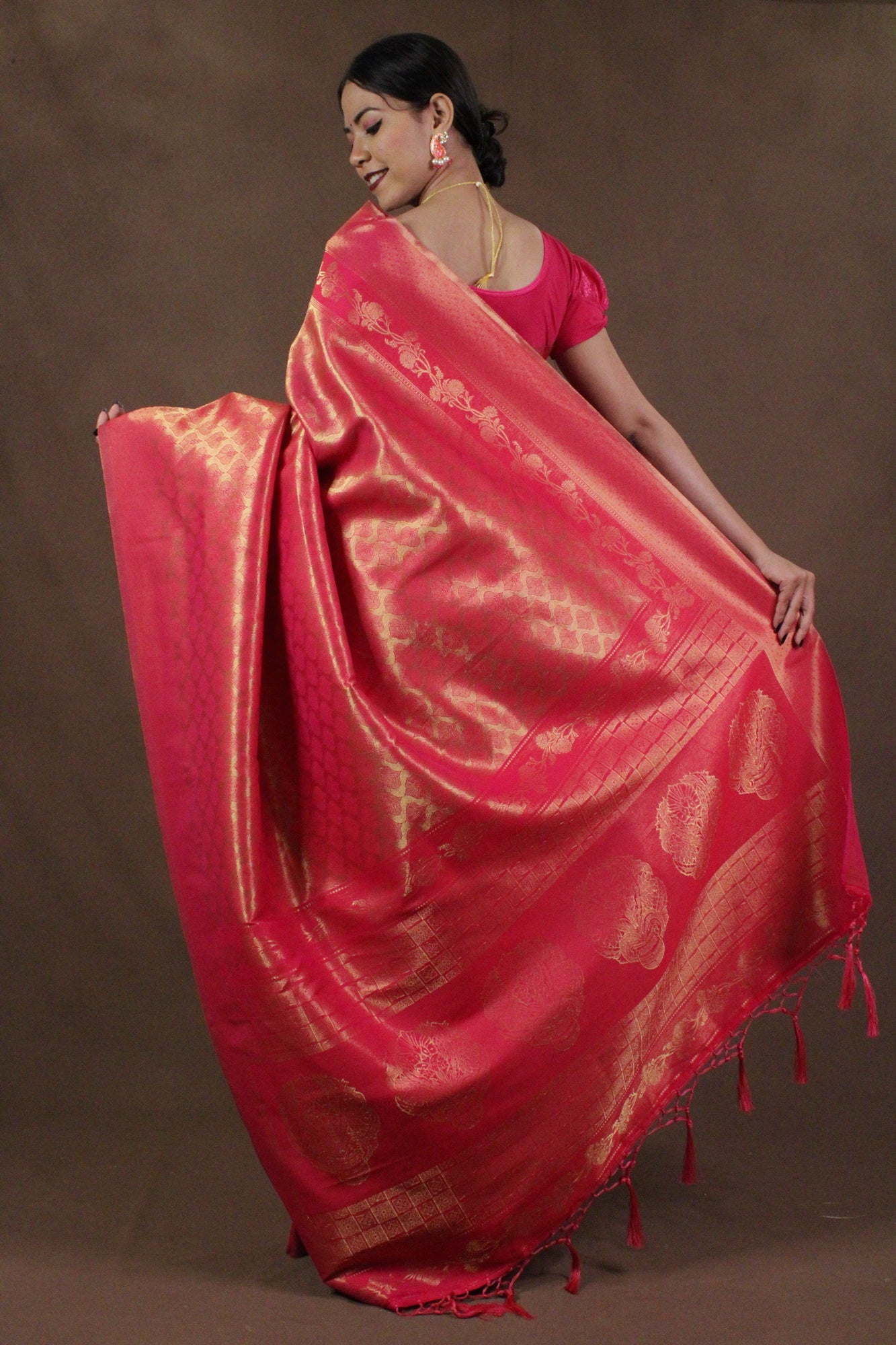 Pink & Gold-Toned Woven Banarasi Wrap in 1 minute saree - Isadora Life Online Shopping Store