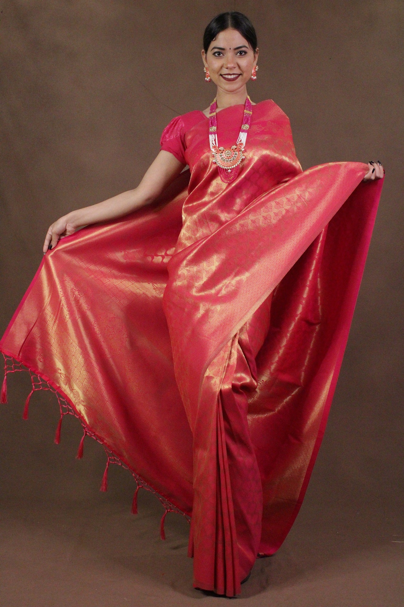 Pink & Gold-Toned Woven Banarasi Wrap in 1 minute saree - Isadora Life Online Shopping Store