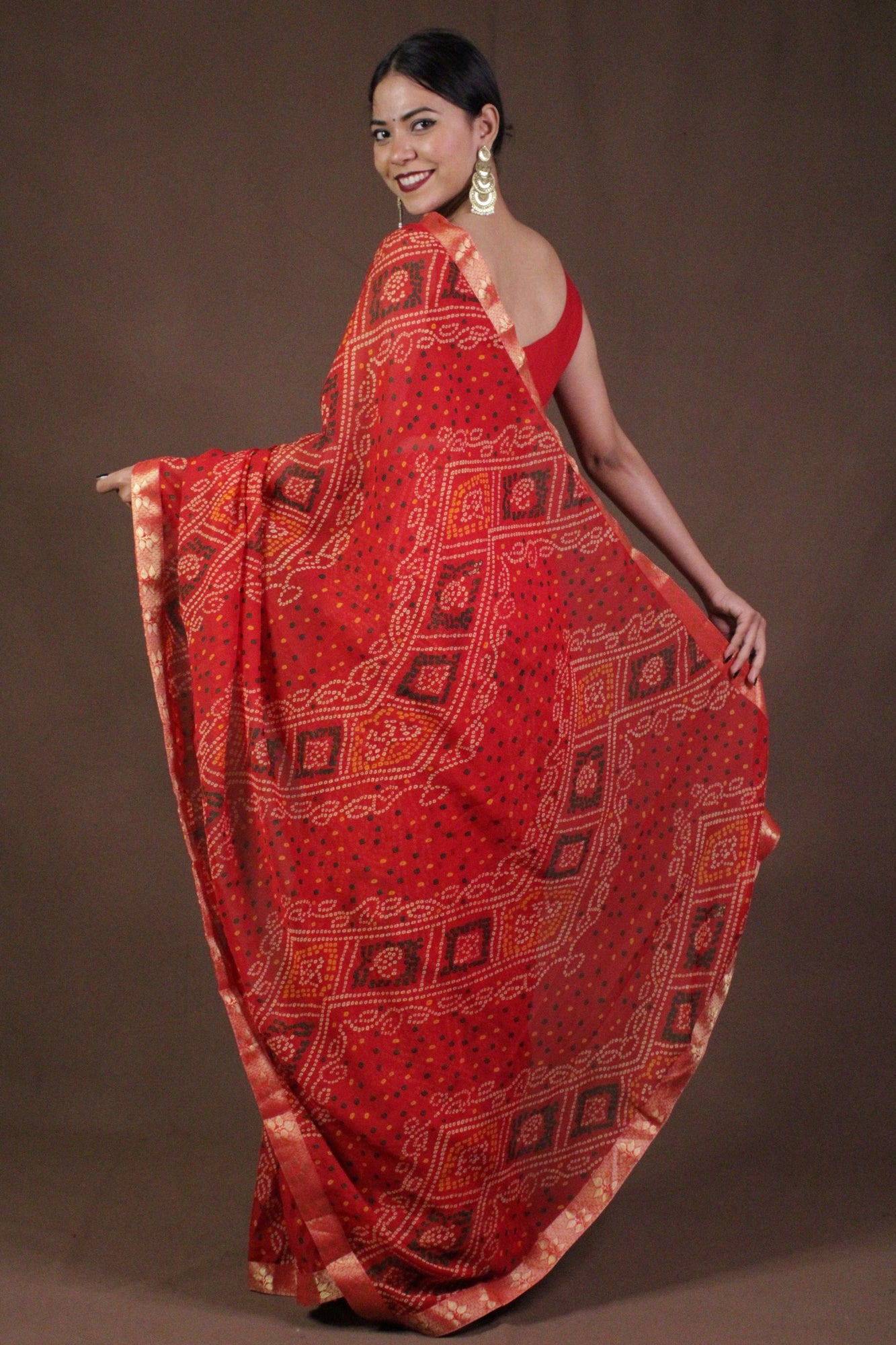 Bandhani Printed Red Georgette Wrap in 1 minute saree - Isadora Life Online Shopping Store