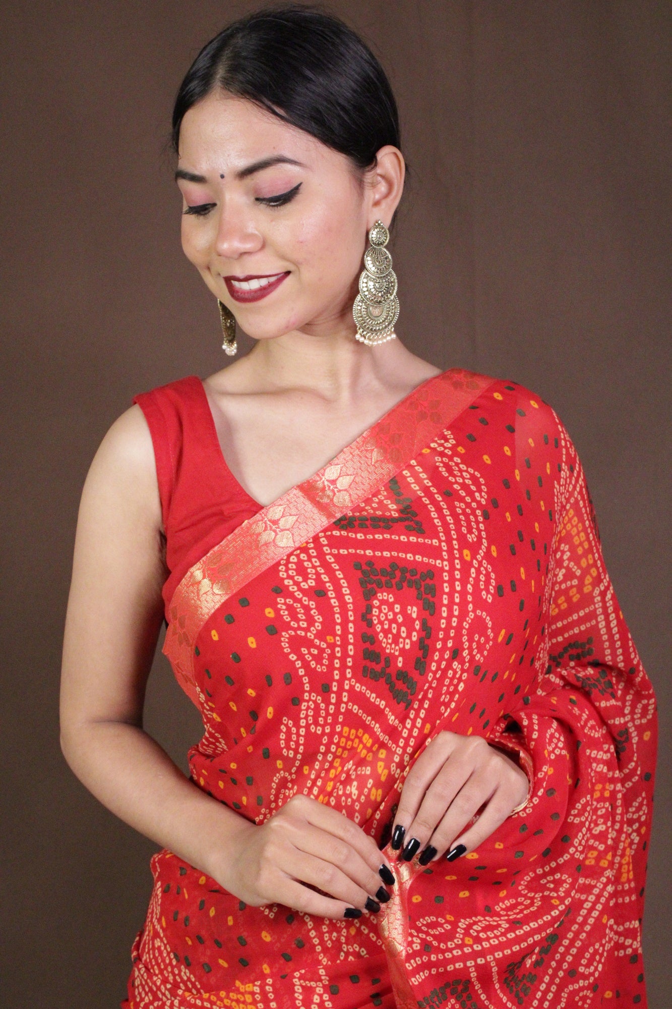 Bandhani Printed Red Georgette Wrap in 1 minute saree - Isadora Life Online Shopping Store