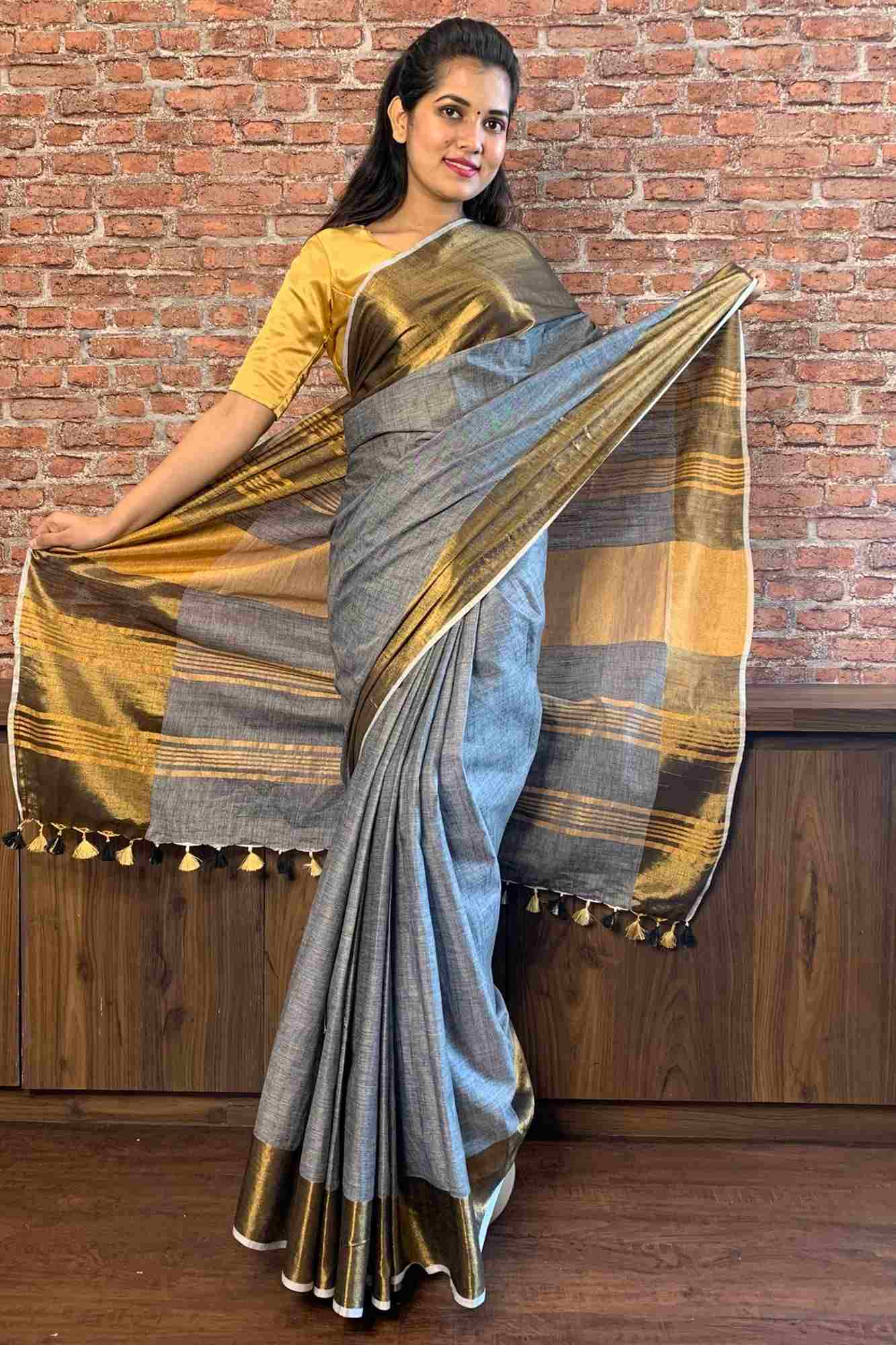 Grey & gold Bhagalpuri linen wrap in 1 minute saree with tassels in pallu - Isadora Life Online Shopping Store