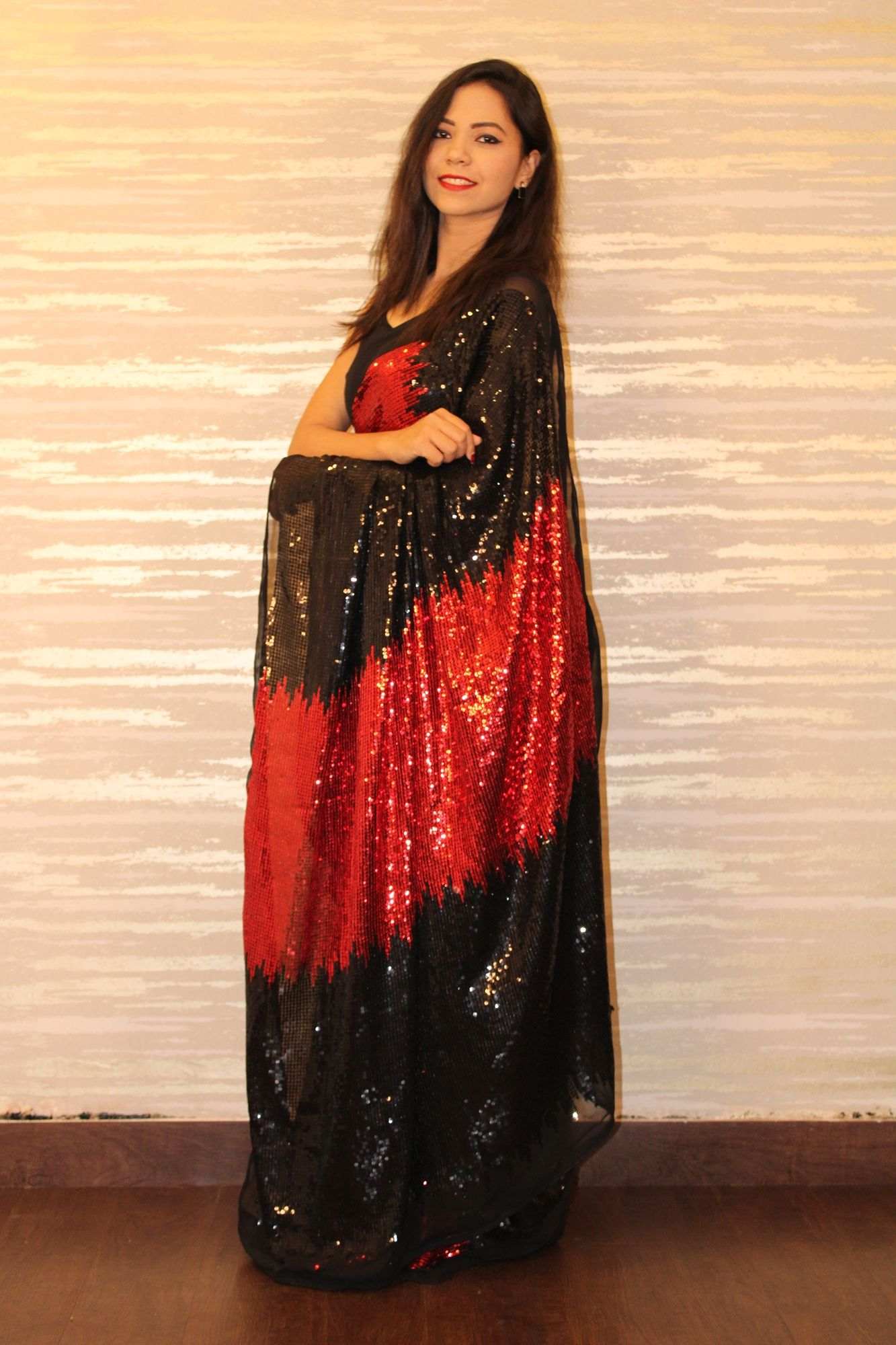 Designer georgette red and black sequin wrap in 1 minute saree - Isadora Life Online Shopping Store