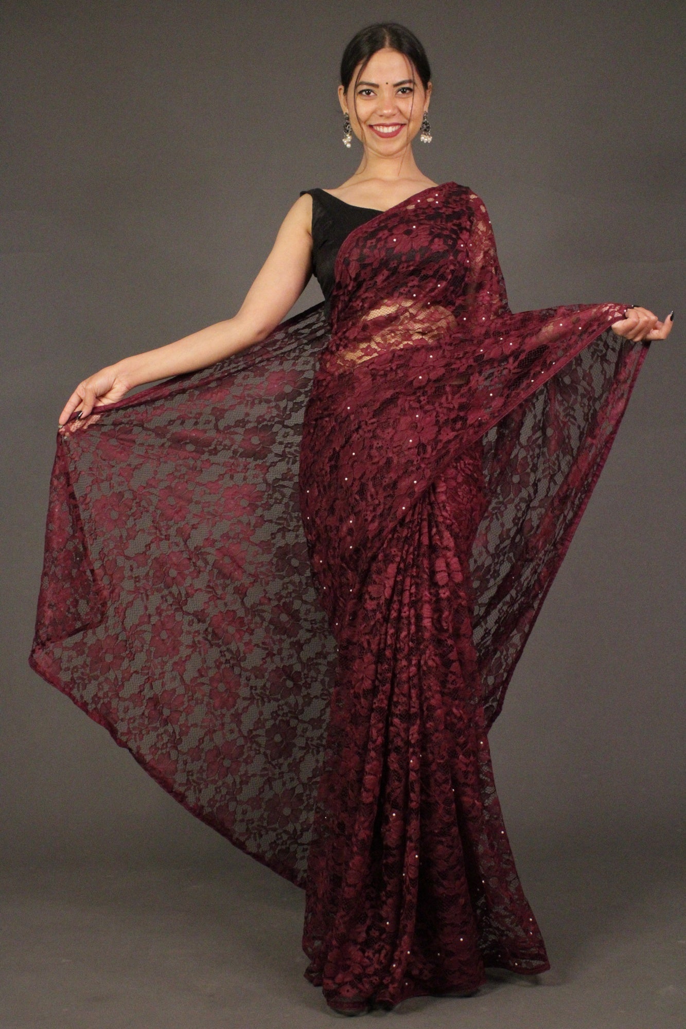 Burgundy Embellished Lace beaded Wrap in 1 mintue saree - Isadora Life Online Shopping Store