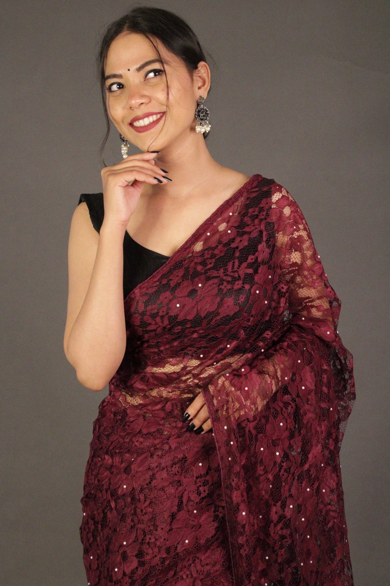 Burgundy Embellished Lace beaded Wrap in 1 mintue saree - Isadora Life Online Shopping Store
