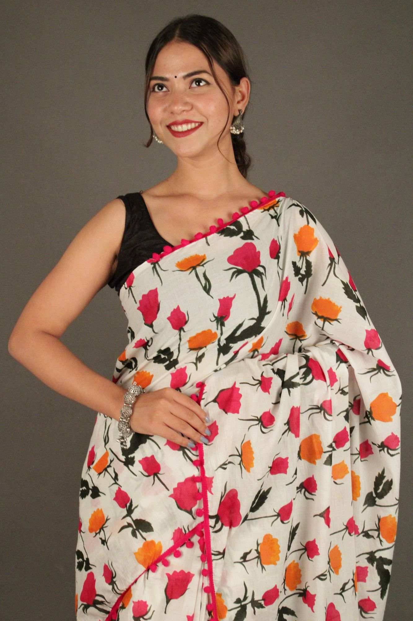 Floral Printed Cotton Mulmul with Pompom Border Wrap in 1 minute saree - Isadora Life Online Shopping Store
