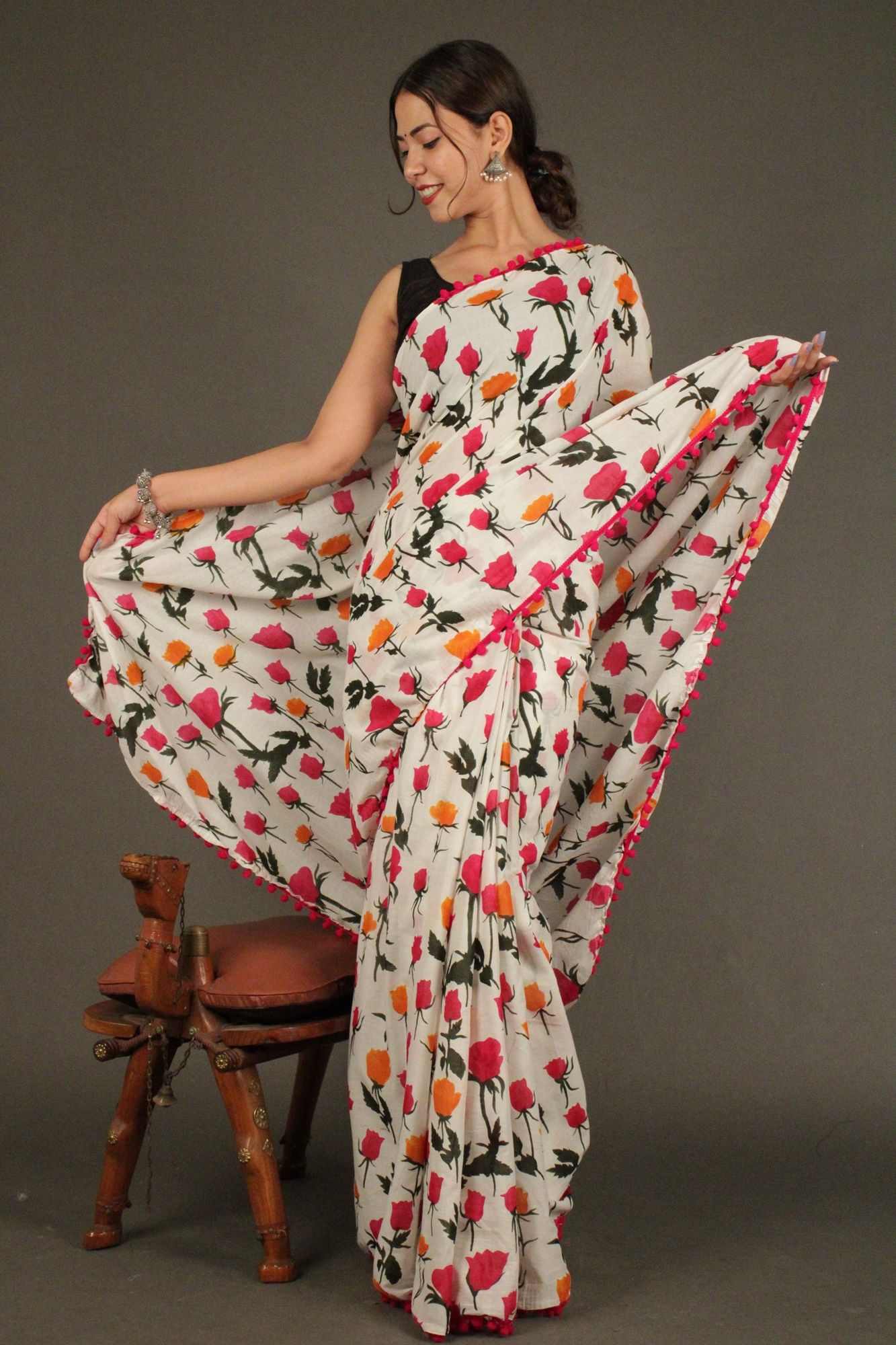 Floral Printed Cotton Mulmul with Pompom Border Wrap in 1 minute saree - Isadora Life Online Shopping Store