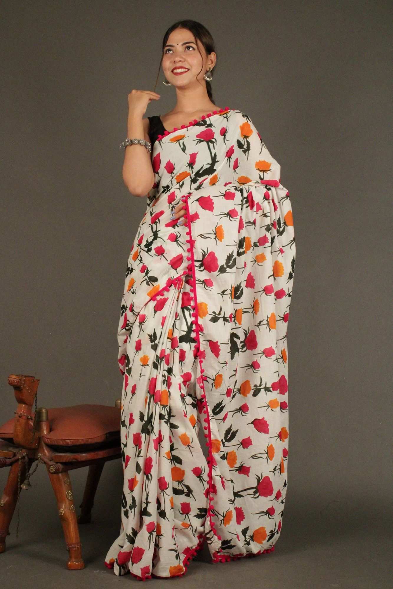 Floral Printed Cotton Mulmul with Pompom Border Wrap in 1 minute saree - Isadora Life Online Shopping Store