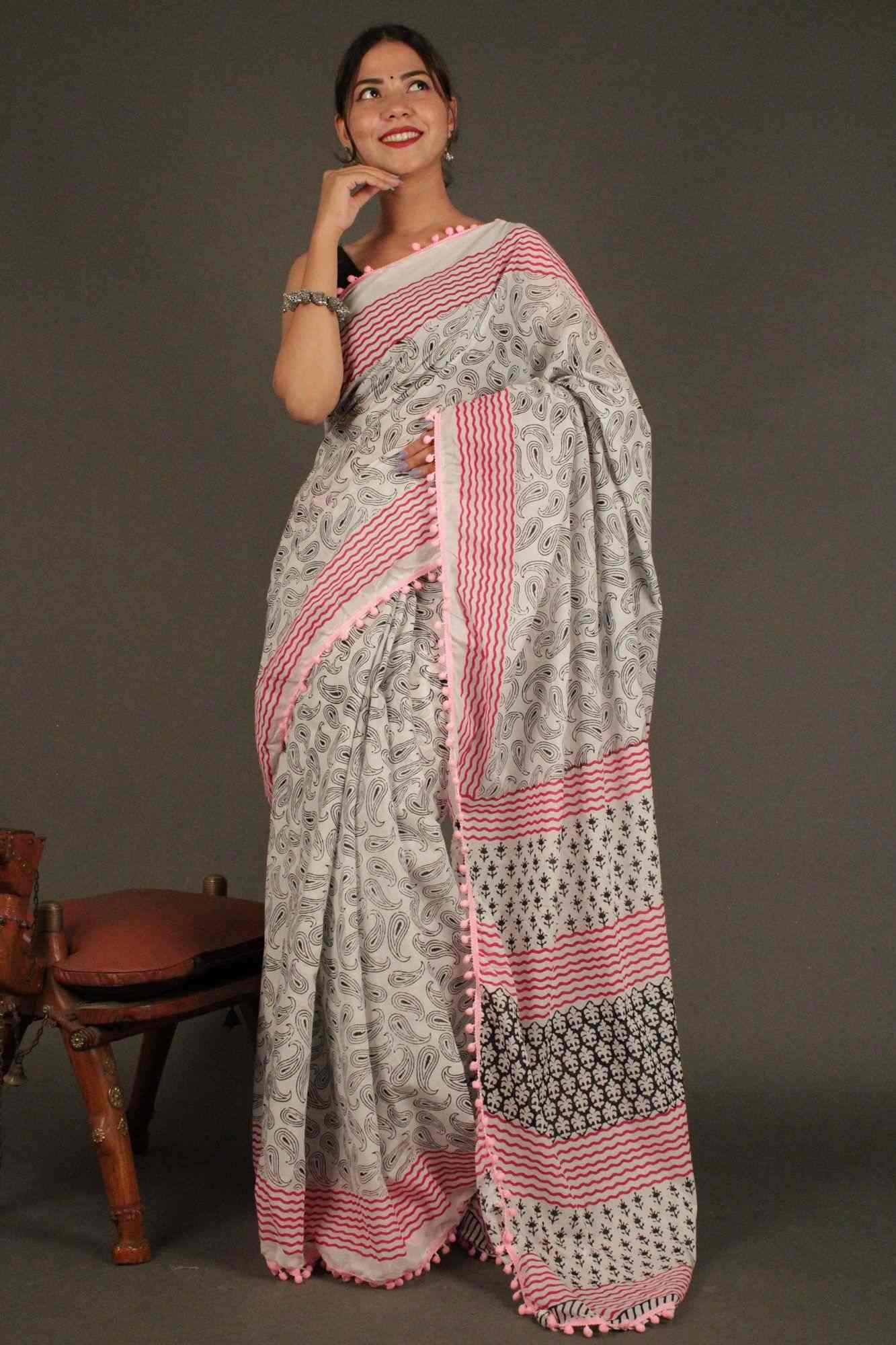 Vegetable dye light weight Mulmul Cotton with Pompom Border Wrap in 1 minute saree - Isadora Life Online Shopping Store