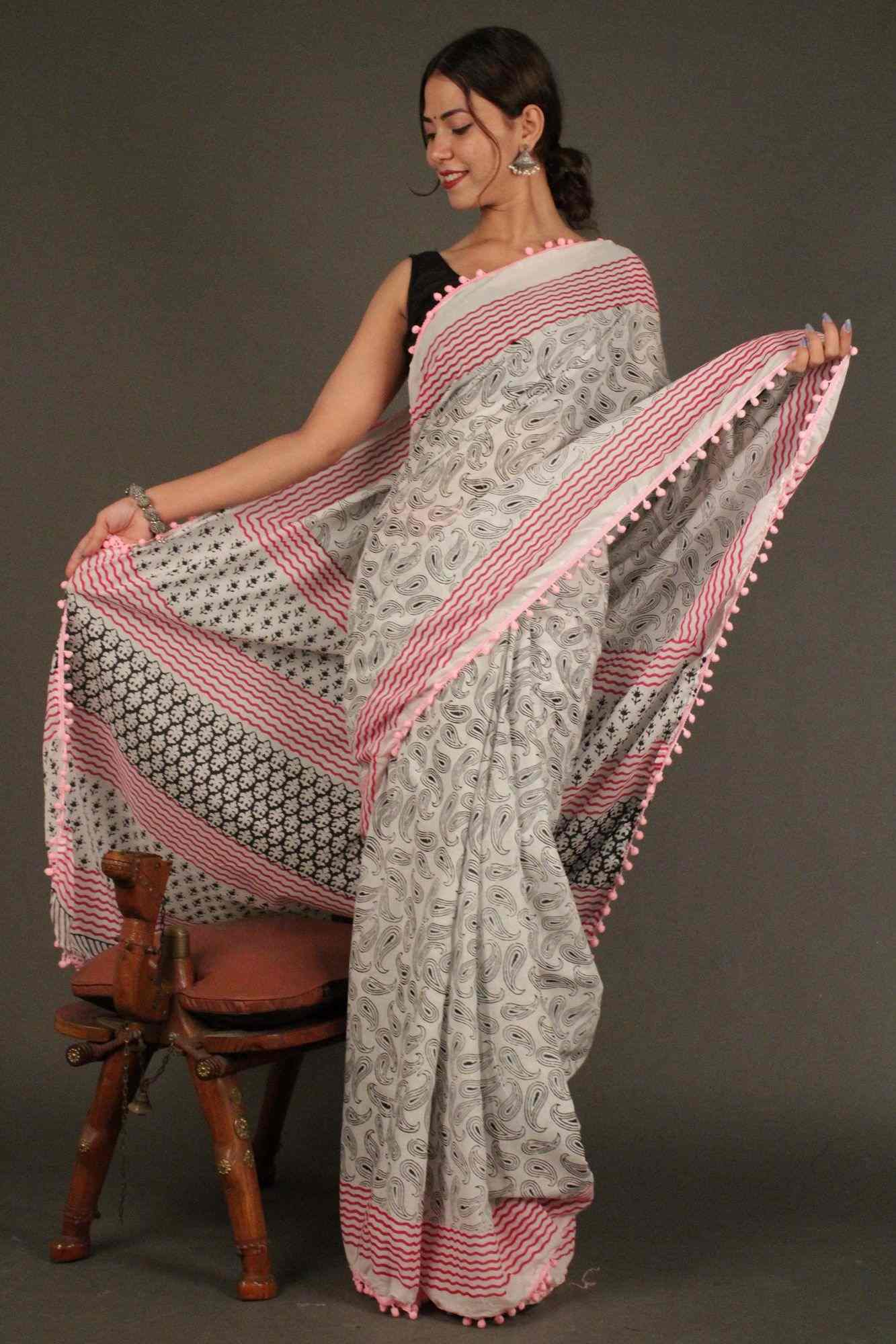 Vegetable dye light weight Mulmul Cotton with Pompom Border Wrap in 1 minute saree - Isadora Life Online Shopping Store