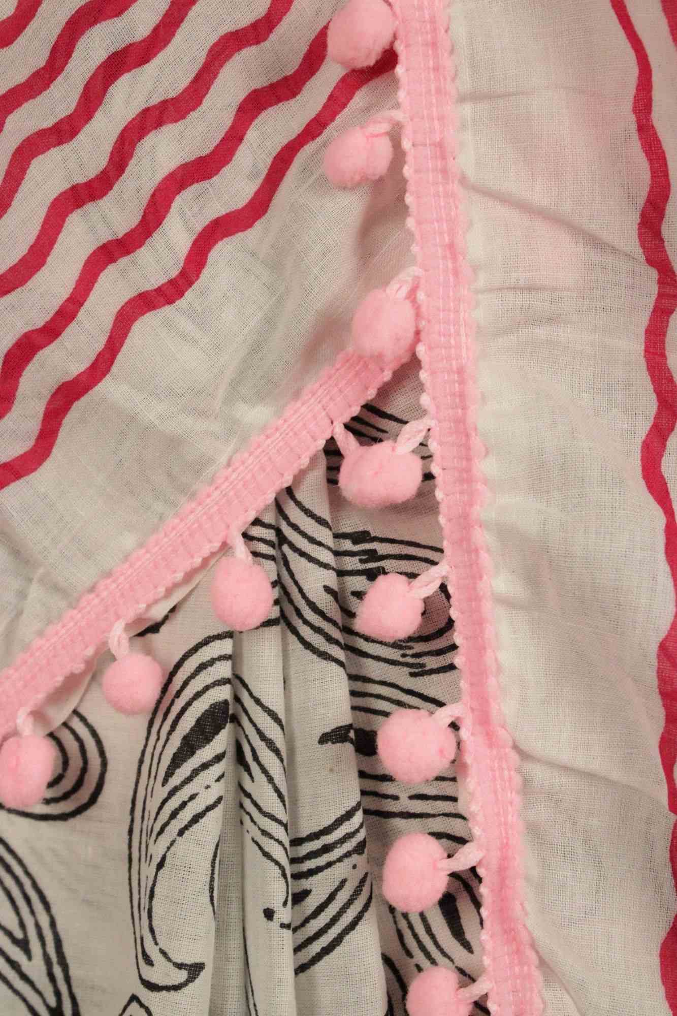 Vegetable dye light weight Mulmul Cotton with Pompom Border Wrap in 1 minute saree - Isadora Life Online Shopping Store