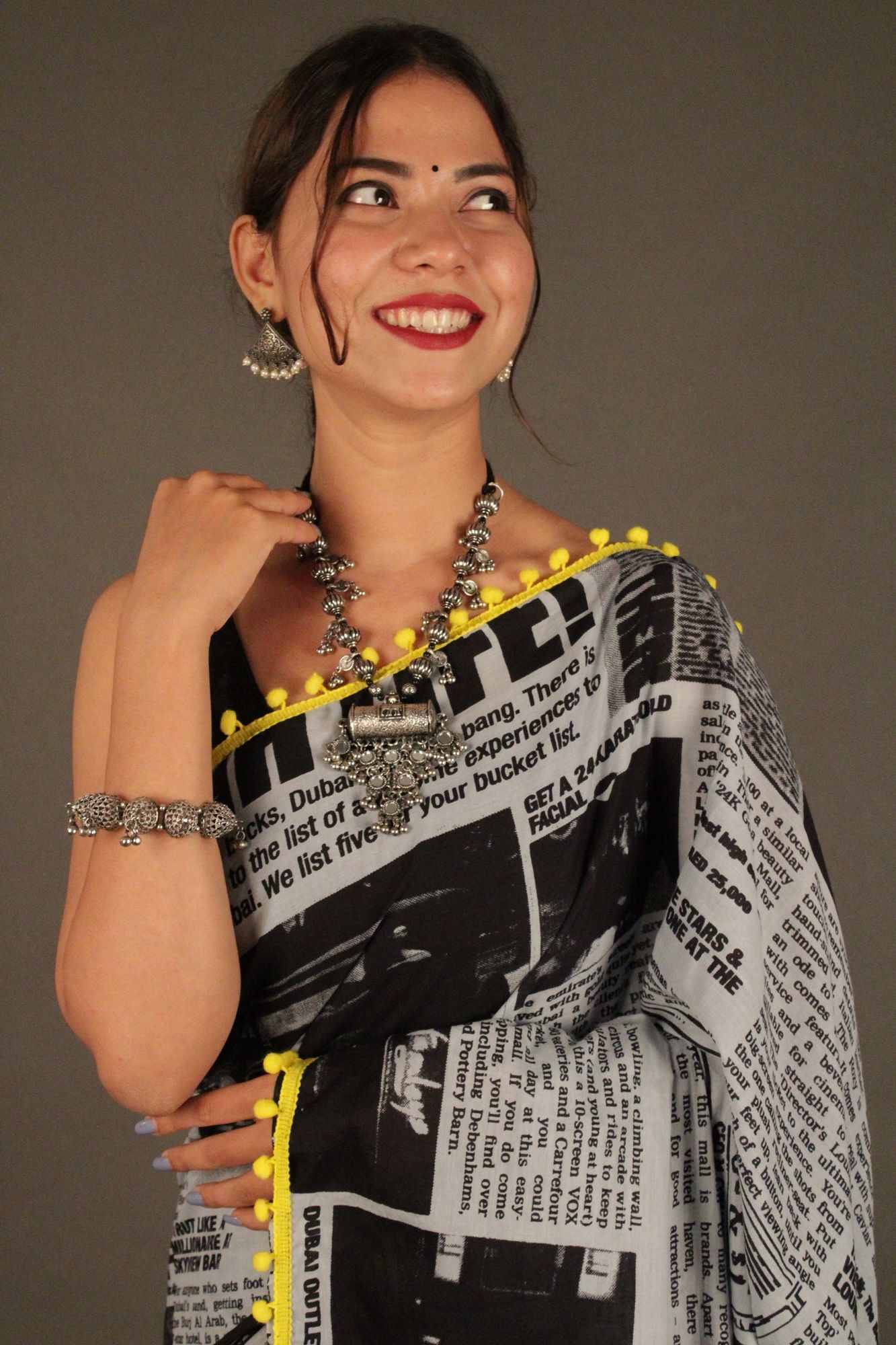 Newspaper Printed mul mul cotton with Pompom Border Wrap in 1 minute saree - Isadora Life Online Shopping Store