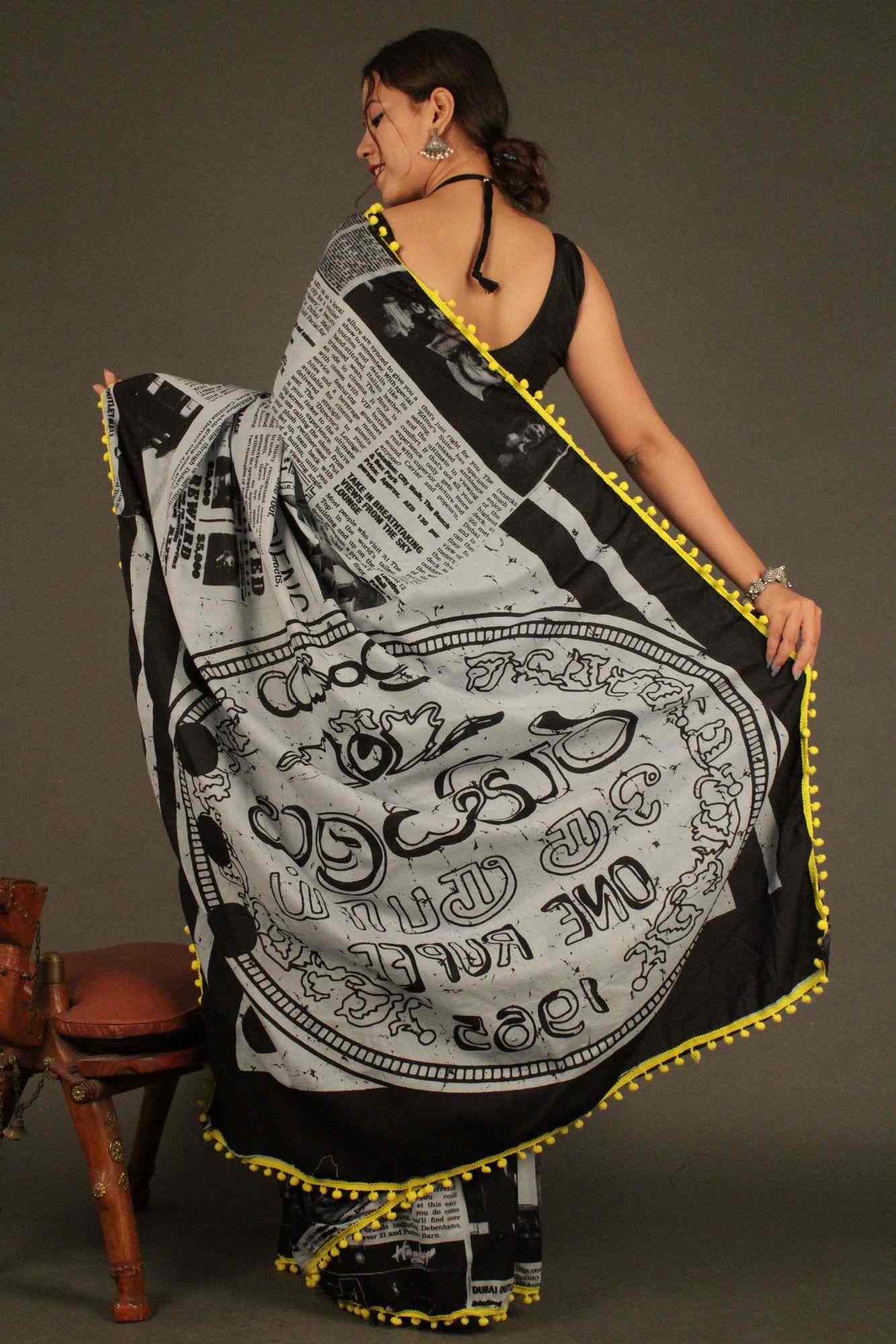 Newspaper Printed mul mul cotton with Pompom Border Wrap in 1 minute saree - Isadora Life Online Shopping Store