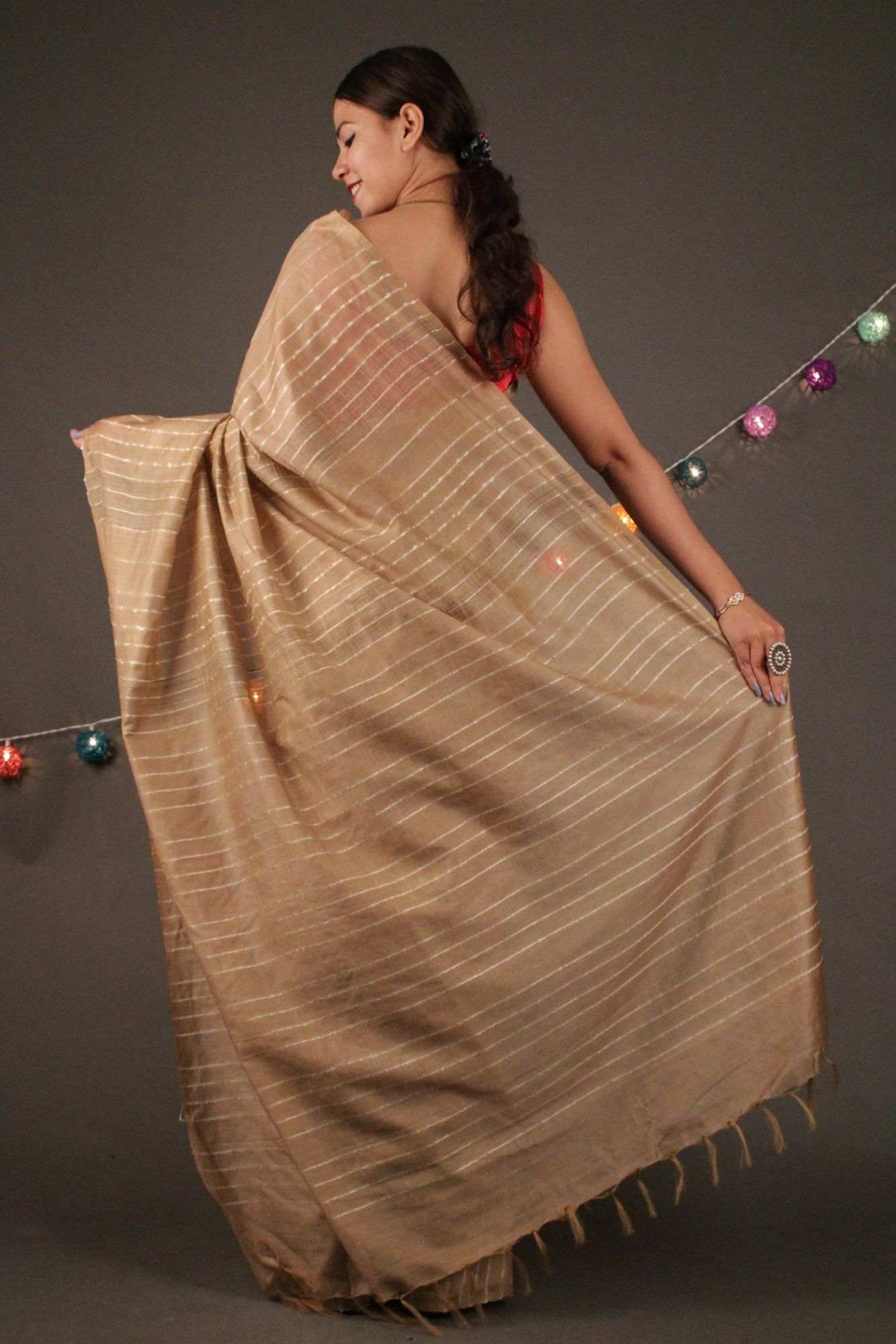 Beige Katan Silk with resham weaving all over Wrap in 1 minute saree - Isadora Life Online Shopping Store